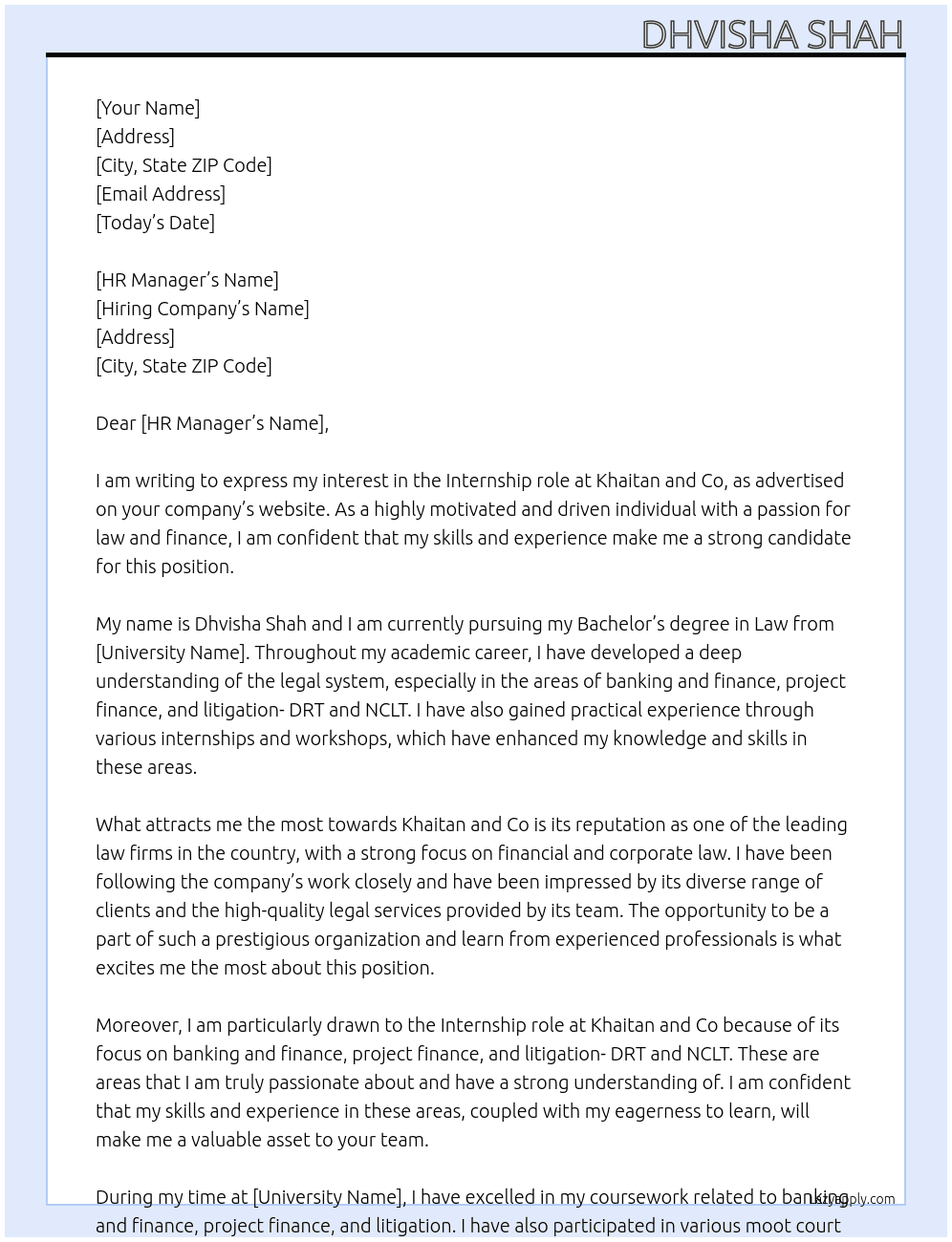 Internship  At Khaitan and Co Cover Letter