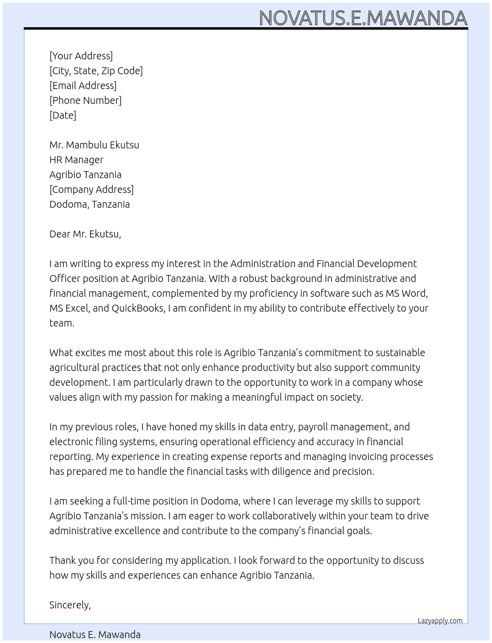 ADMINISTRATION AND FINANCIAL DEVELOPMENT OFFICER At AGRIBIO TANZANIA Cover Letter