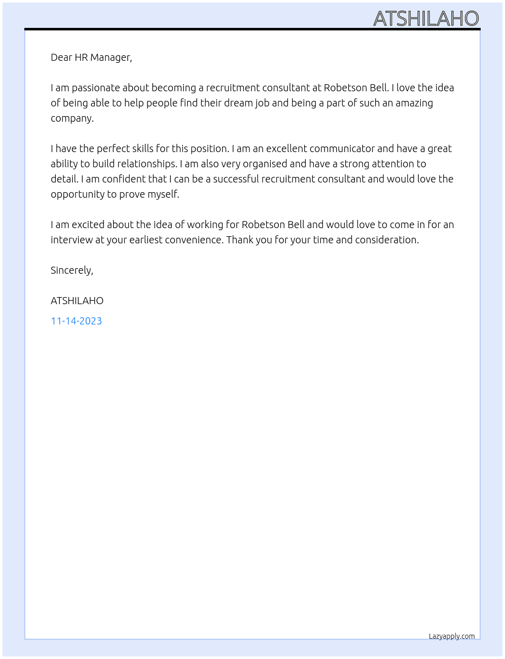 recruitment consultant  At Robetson Bell Cover Letter