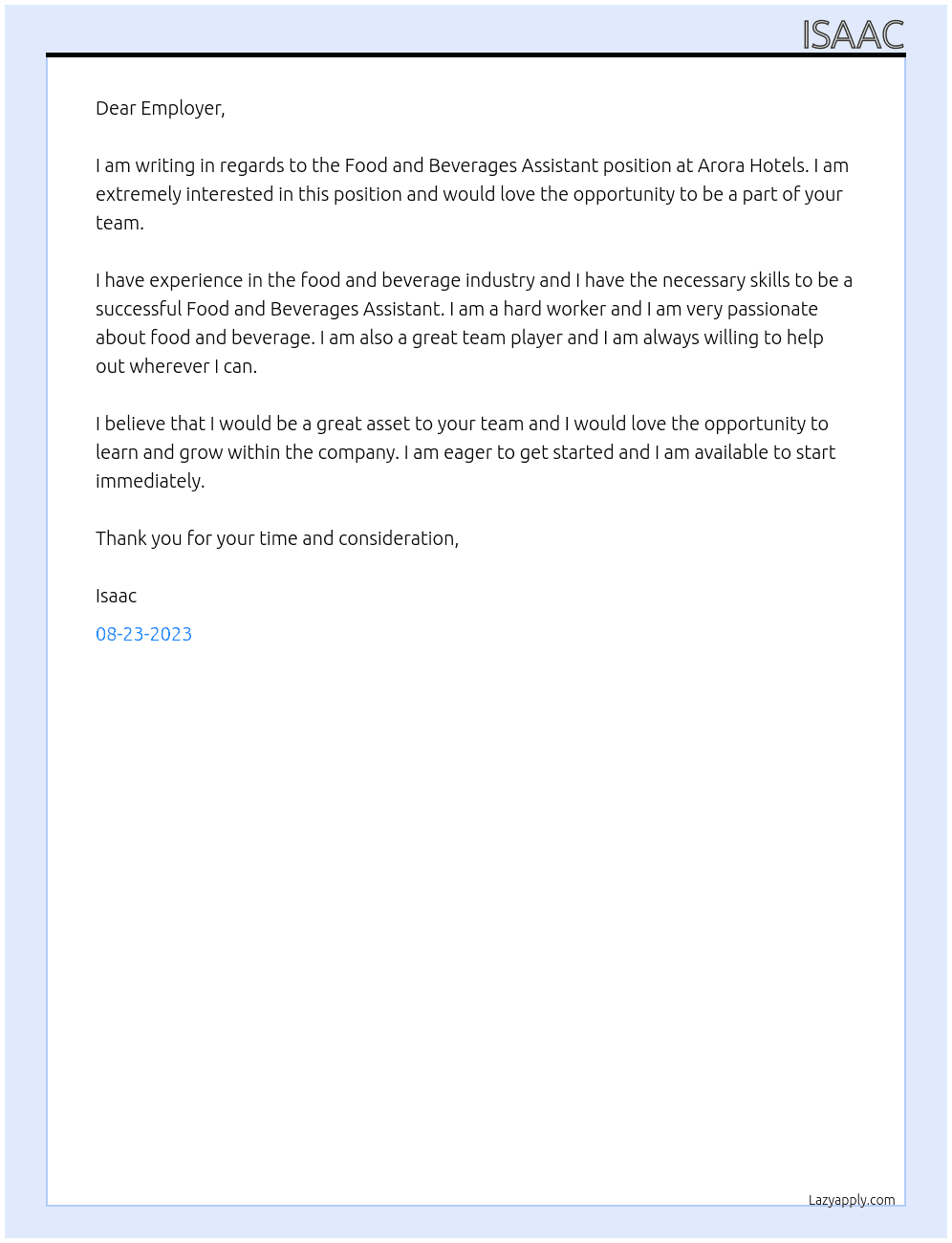 Food and Beverages Assistant At Arora Hotels Cover Letter