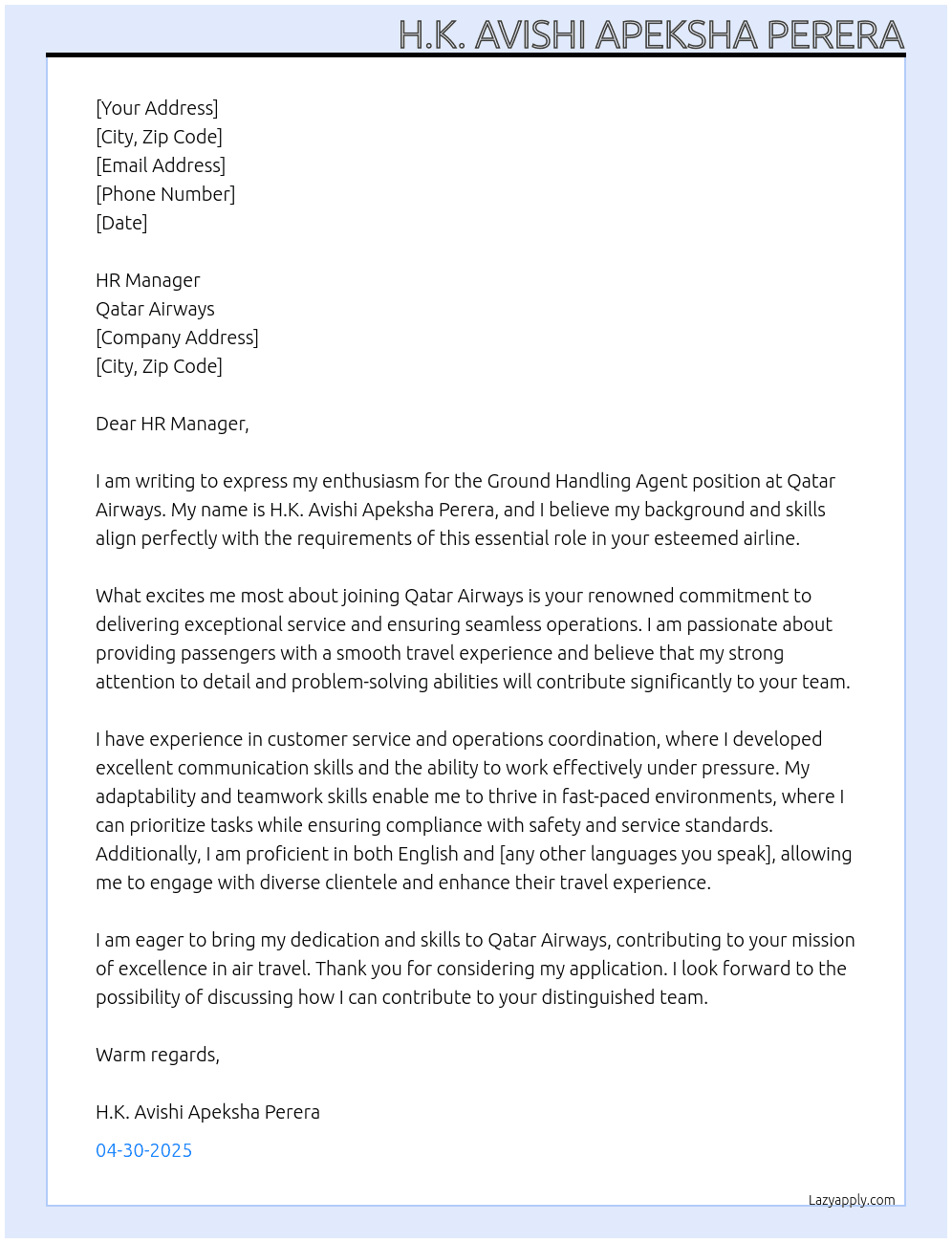 Ground Handle Agent At Qatar Airways Cover Letter