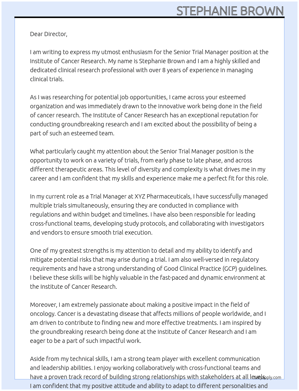 Senior Trial Manager At Institue of Cancer Researcg Cover Letter