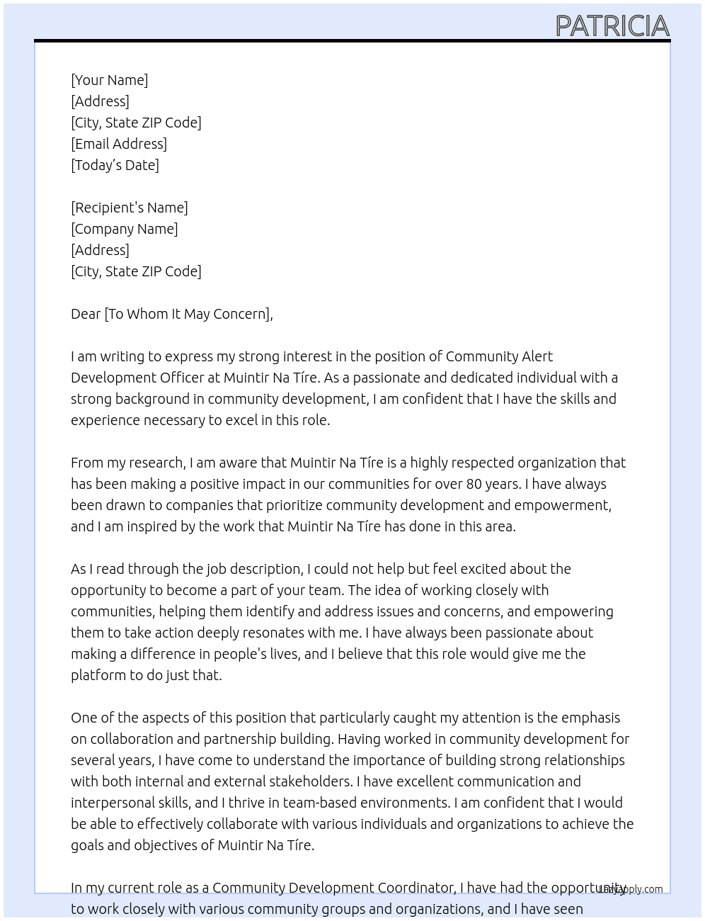 Community Alert Development Officer At Muintir Na Tíre Cover Letter