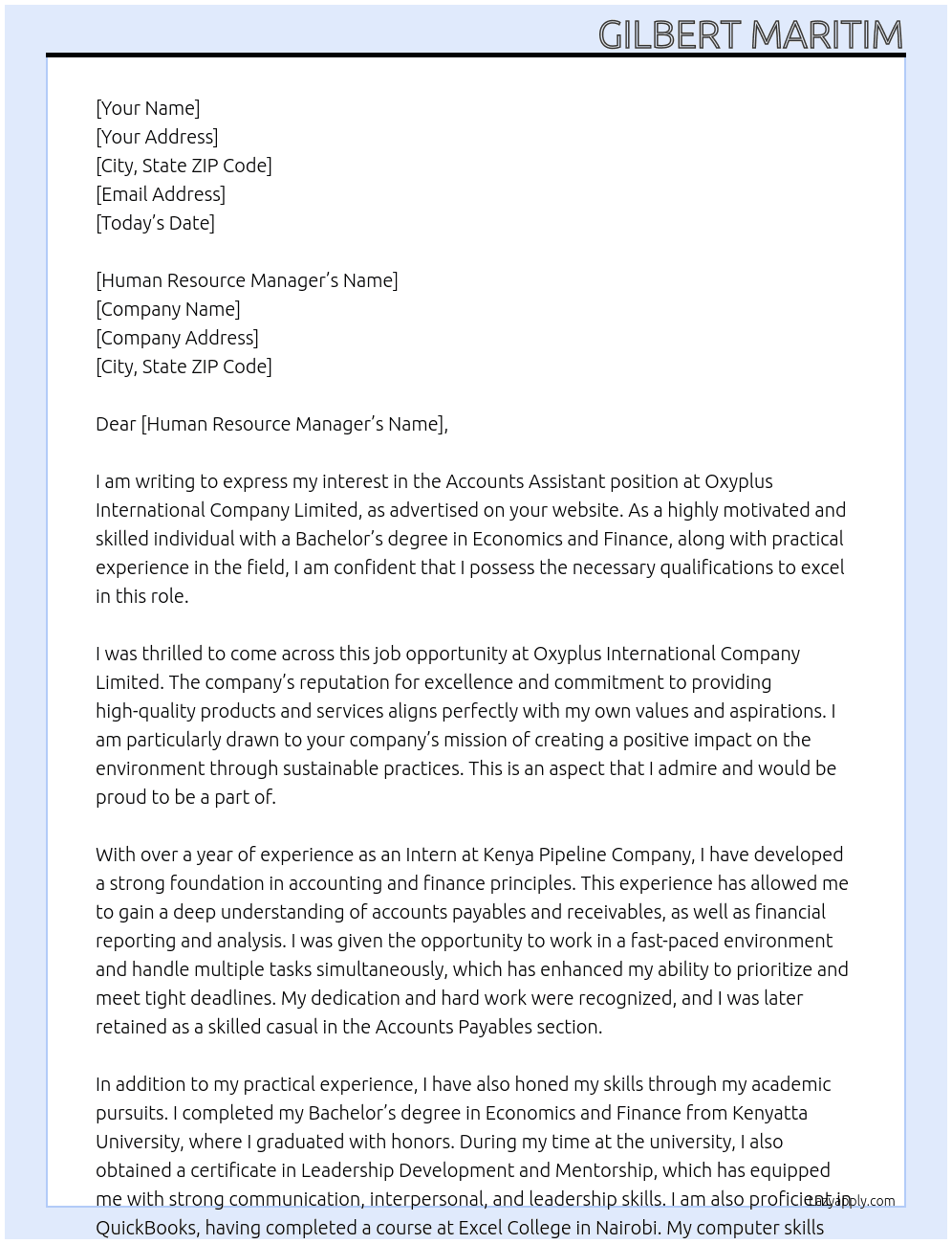 Accounts Assistant At Oxyplus international Company Limited Cover Letter