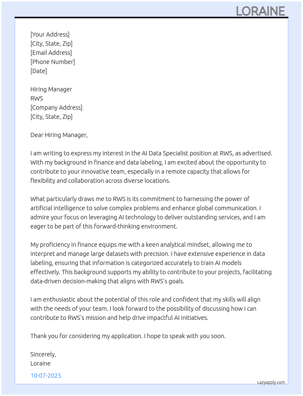 Cover letter for ai data specialist - LazyApply