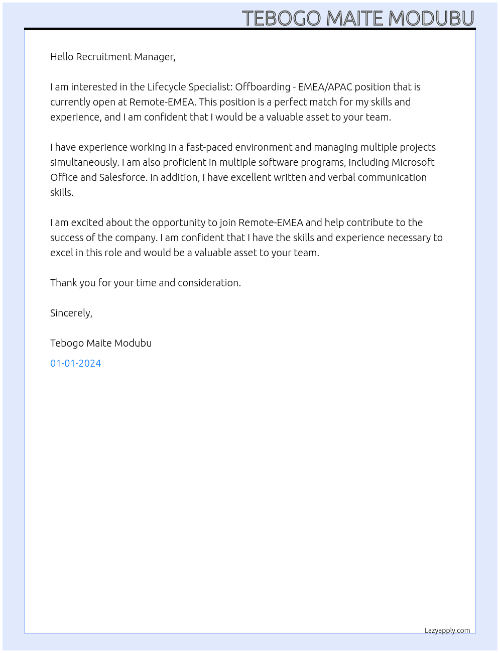 Lifecycle Specialist: Offboarding - EMEA/APAC At Remote-EMEA Cover Letter