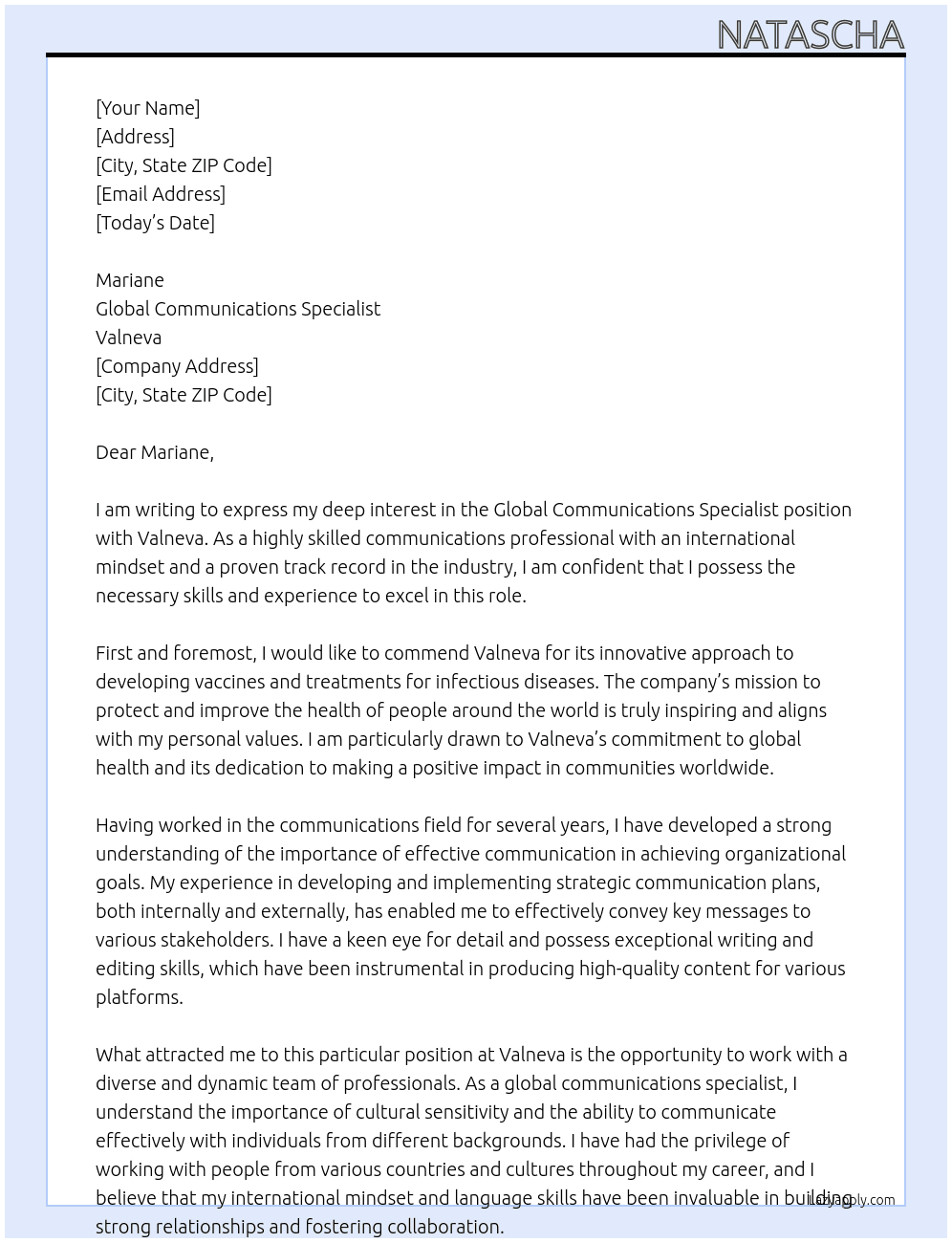 Global Communications Soecialist At Valneva Cover Letter