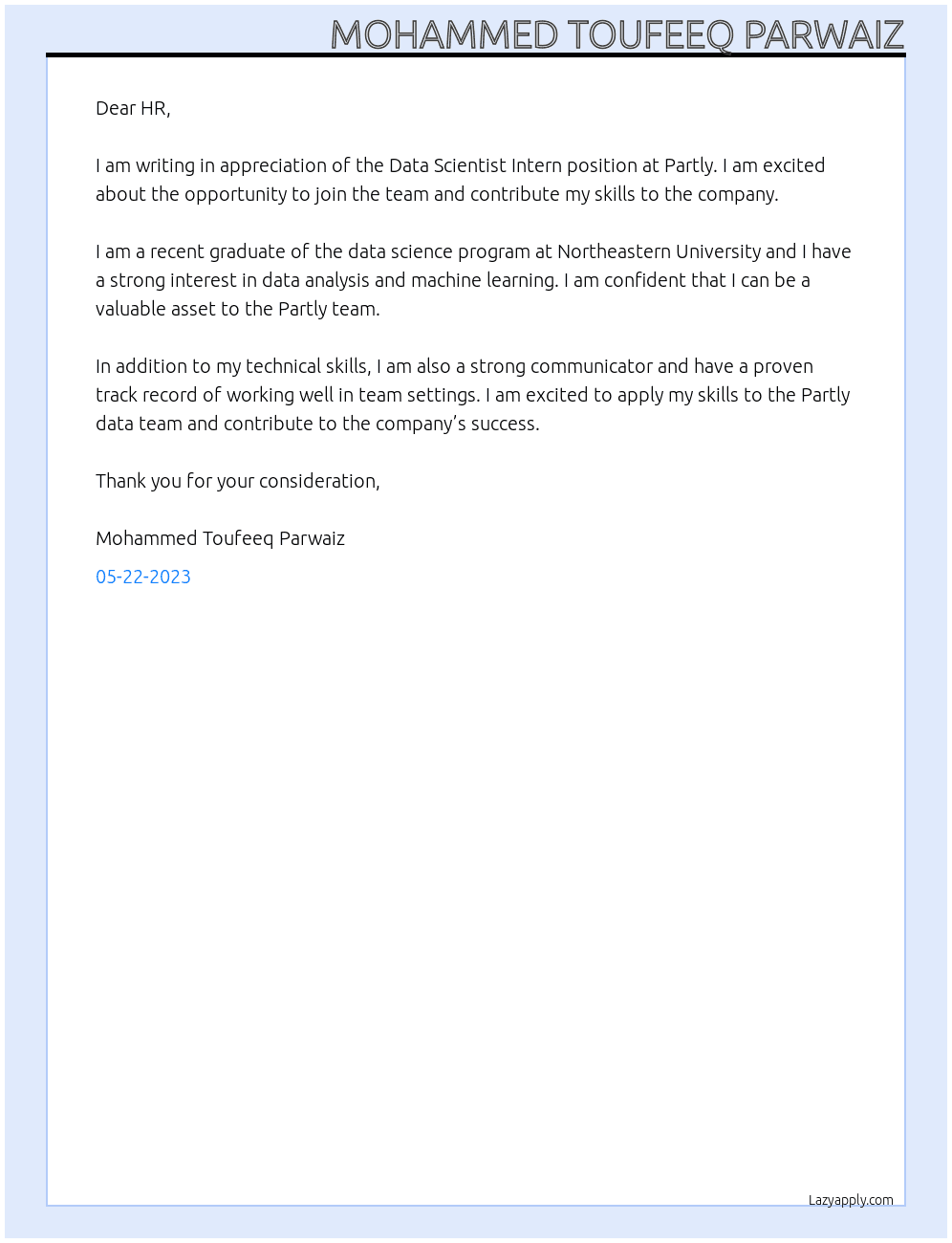Data Scientist Intern At Partly Cover Letter