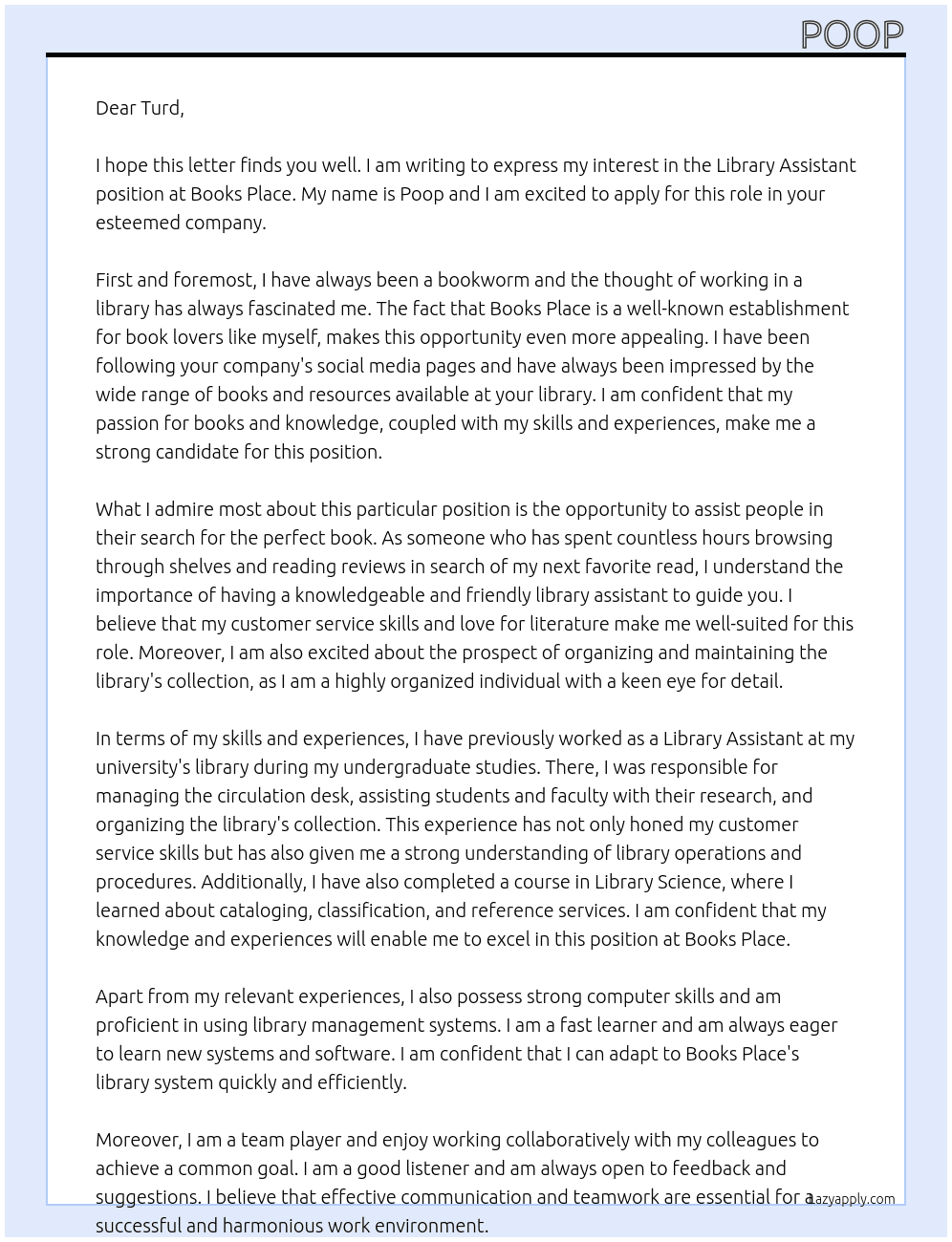 library assitant At books place Cover Letter