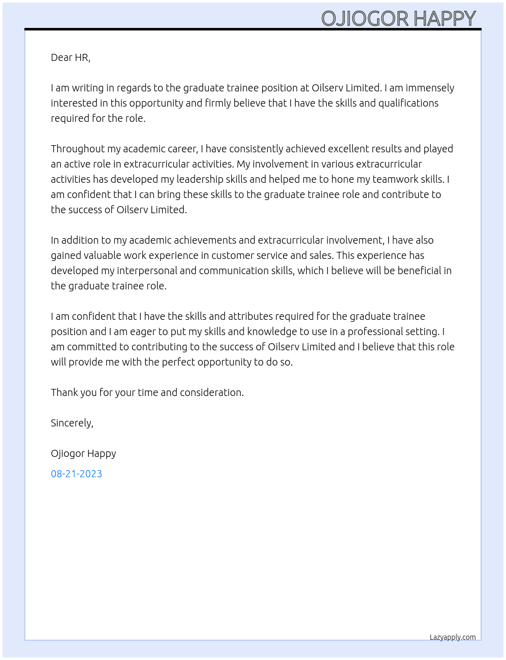 Graduate trainee  At Oilserv limited  Cover Letter