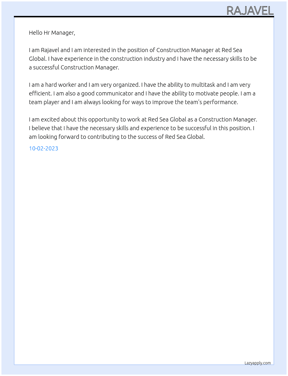 Construction Manager  At Red Sea Global Cover Letter