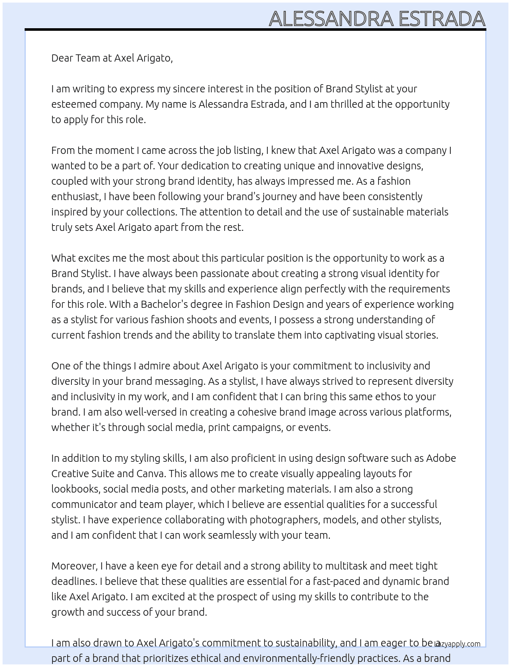 brand stylist At Axel Arigato Cover Letter