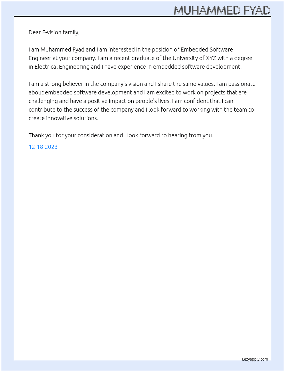Embedded Software Engineer  At E-vision Cover Letter