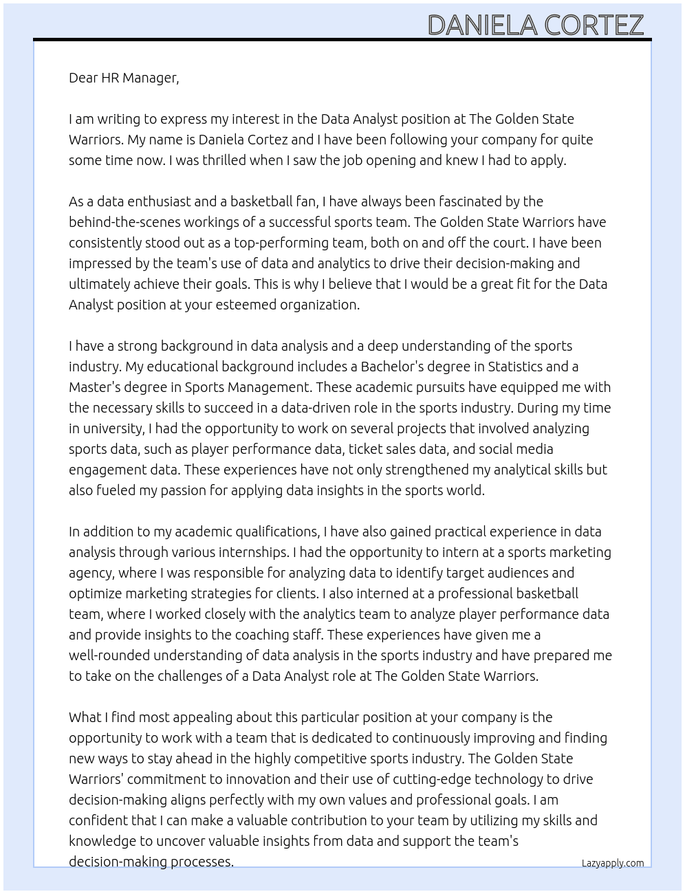 data analyst At The golden state warriors  Cover Letter