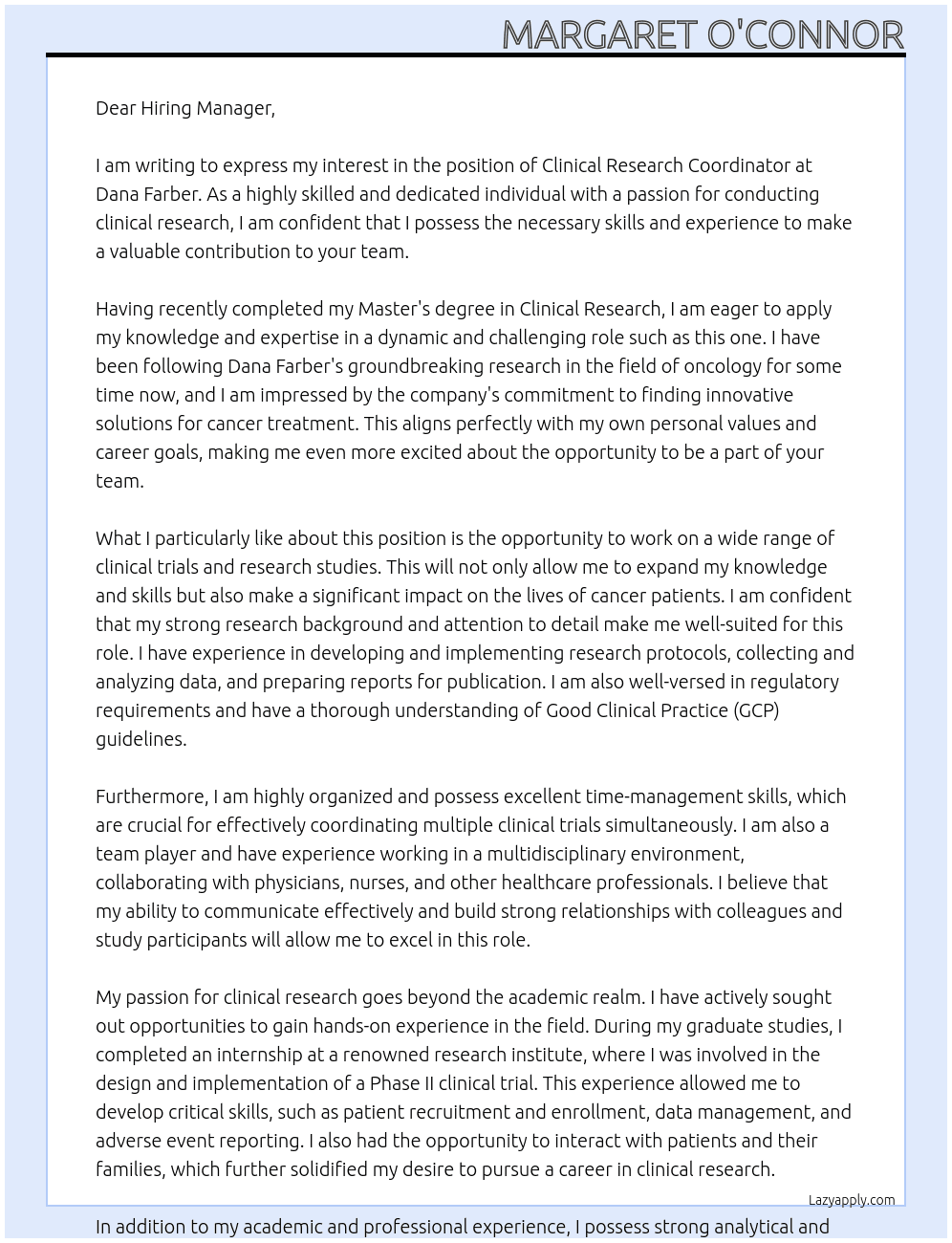 Clinical Research Coordinator At Dana Farber Cover Letter