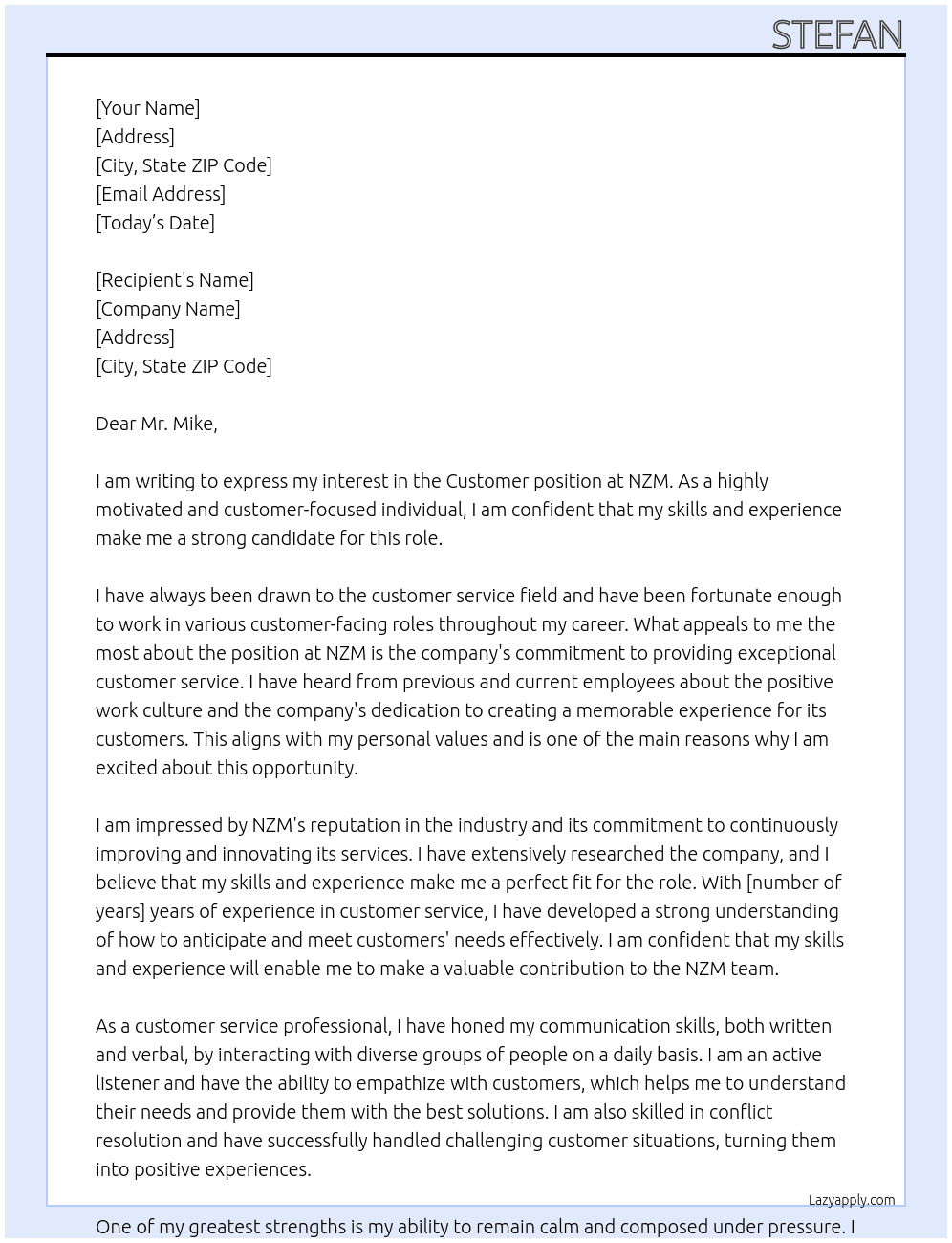 Customer  At NZM Cover Letter