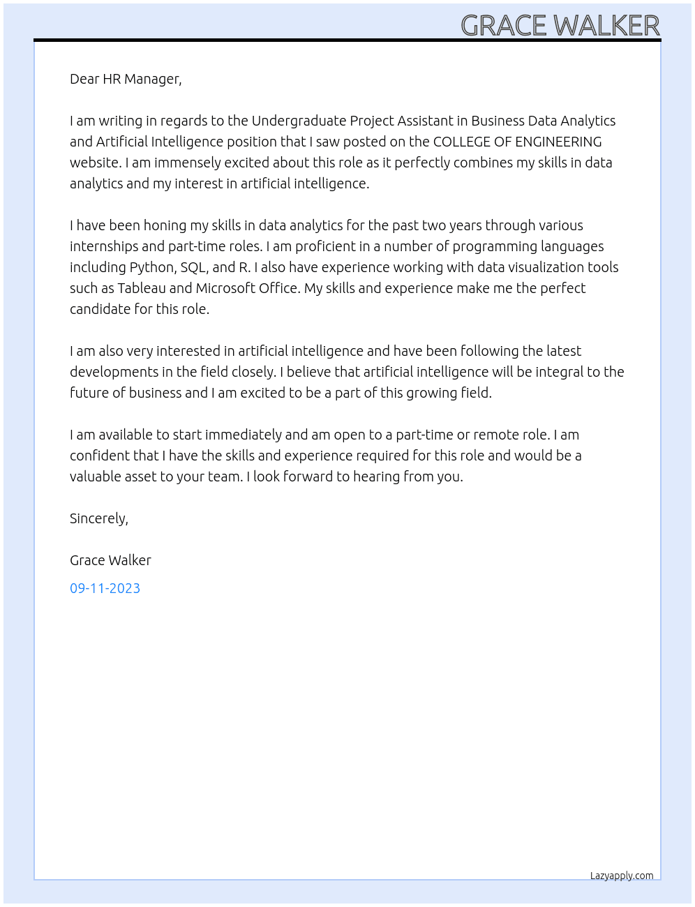 Undergraduate Project Assistant in Business Data Analytics and Artificial Intelligence At COLLEGE OF ENGINEERING Cover Letter