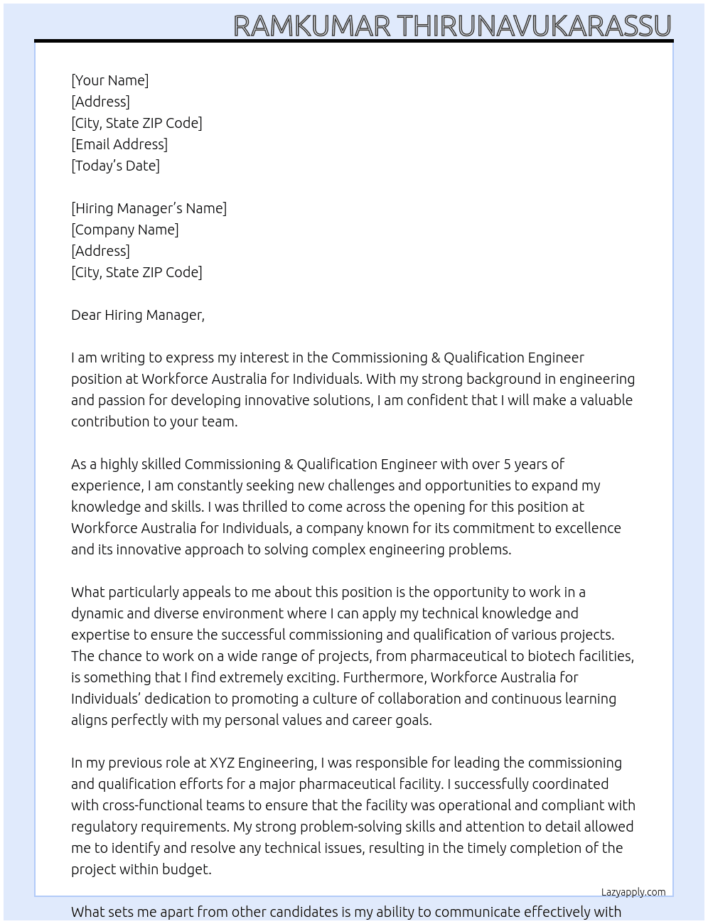 Commissioning & Qualification Engineer At Workforce Australia for Individuals Cover Letter