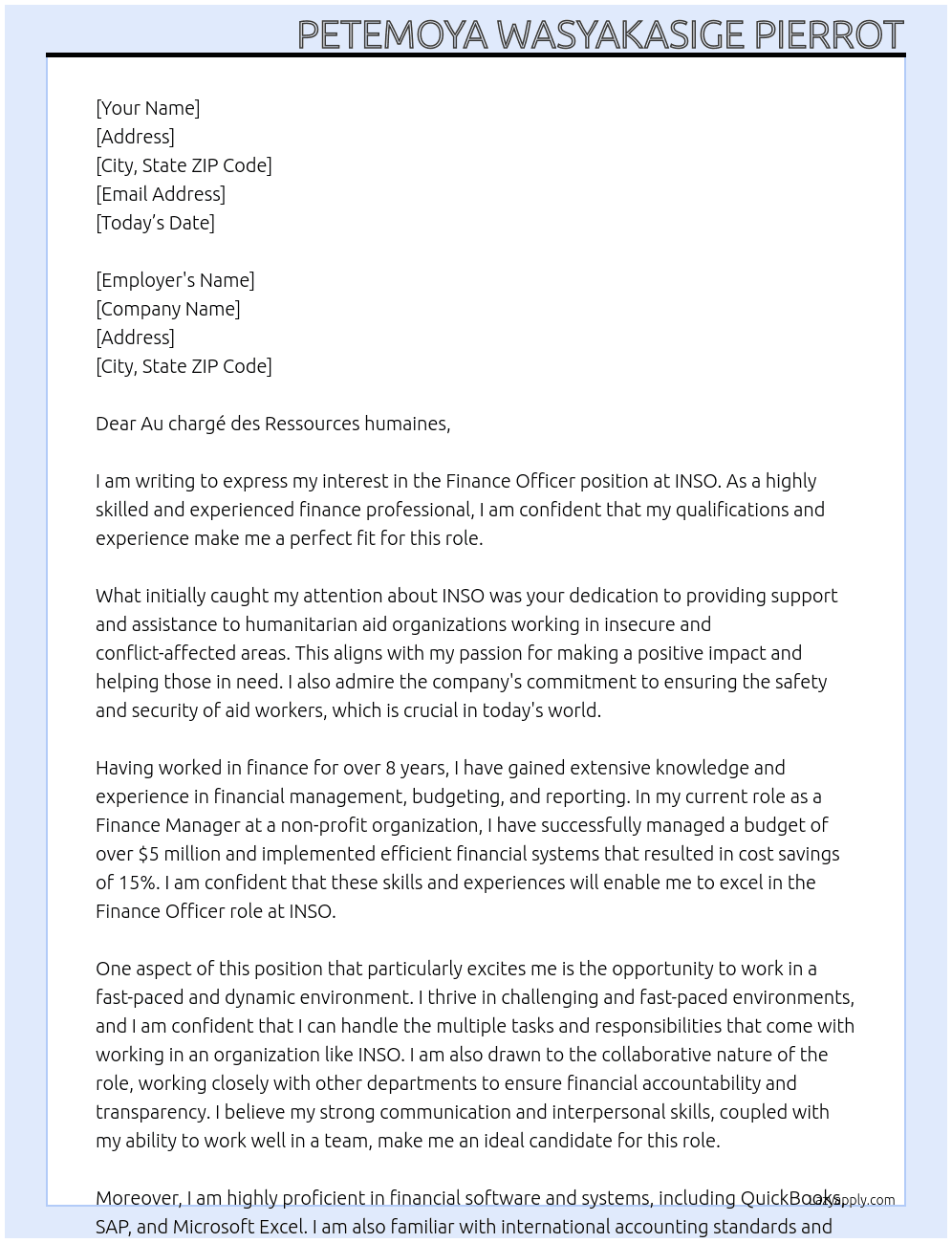 Finance officer At INSO Cover Letter