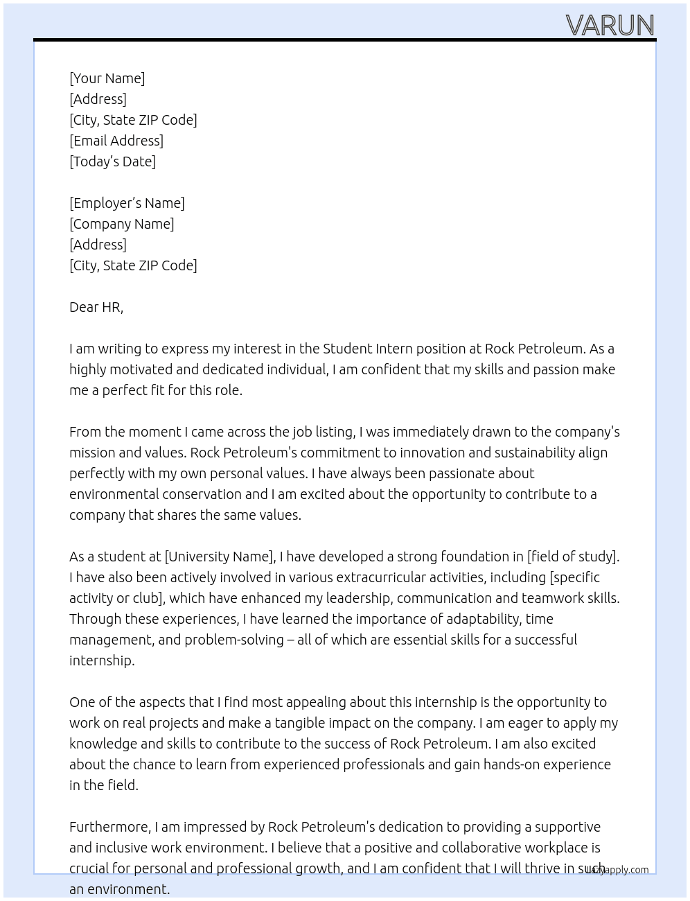 student intern At Rock Petroleum Cover Letter