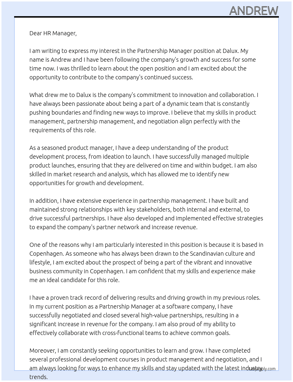 partnership manager At dalux Cover Letter