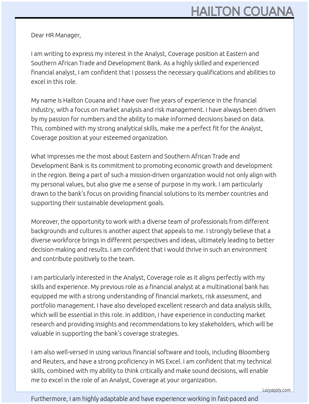 Analyst, coverage At Eastern and Southern African Trade and Development Bank Cover Letter