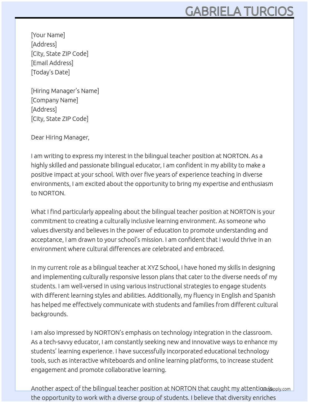 bilingual teacher At NORTON Cover Letter