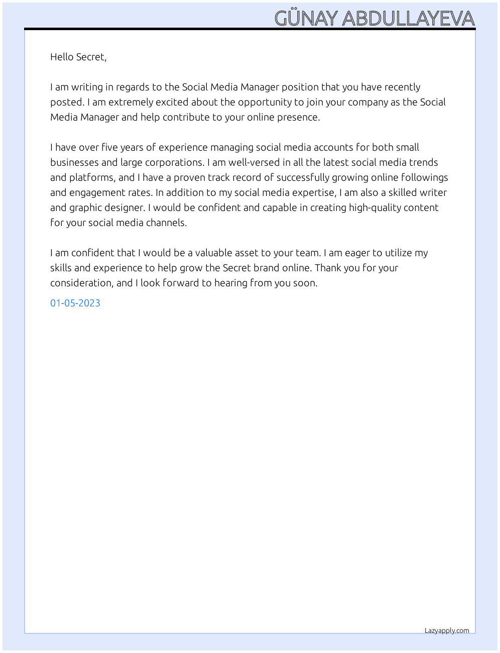 SMM At Secret Cover Letter