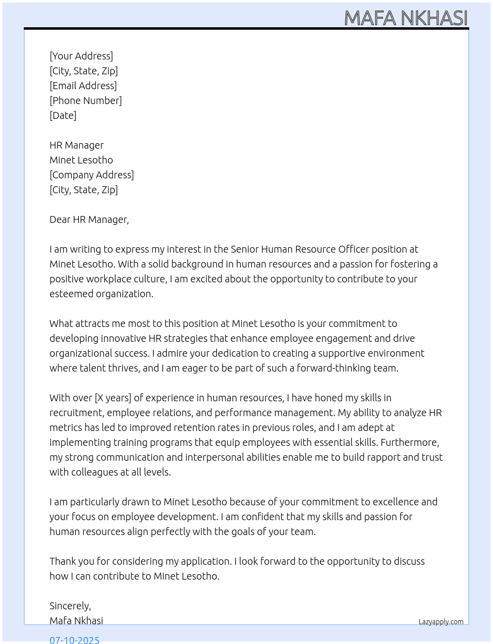 SENIOR HUMAN RESOURCE OFFICER At MINET LESOTHO Cover Letter