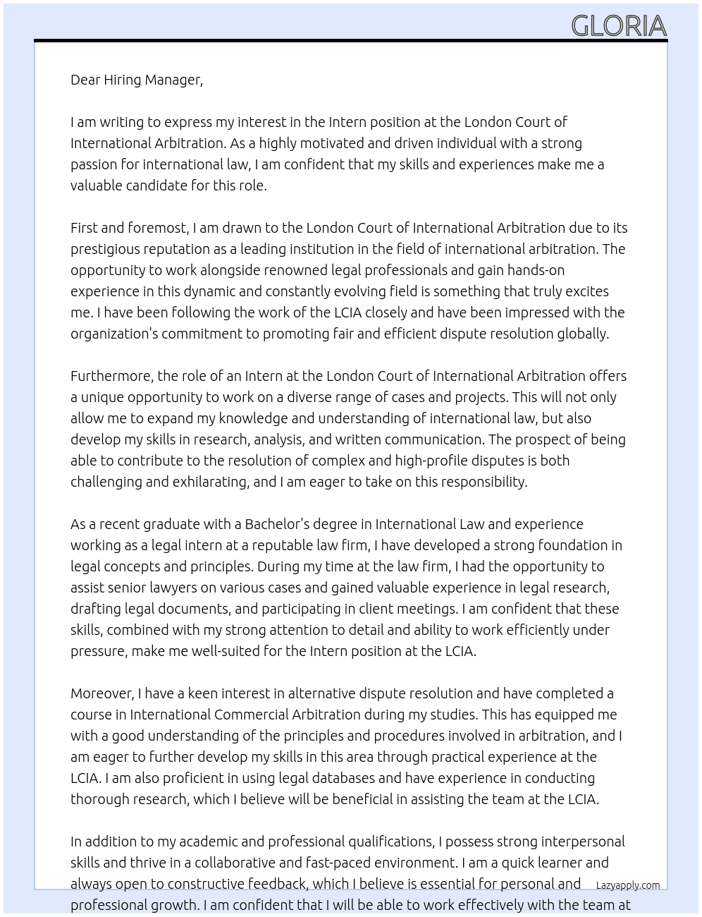 Intern At London court of international arbitration Cover Letter