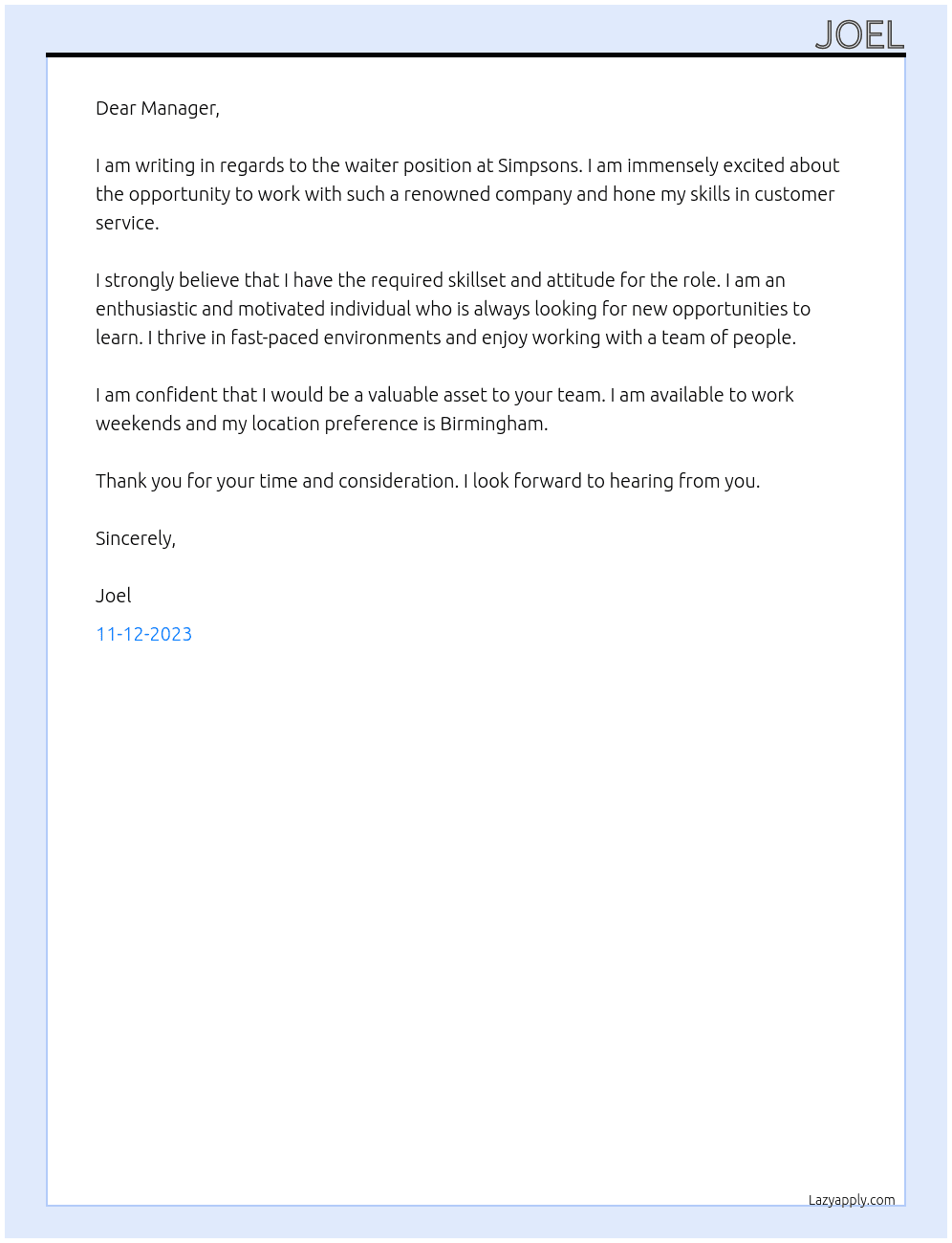 Waiter At Simpsons Cover Letter