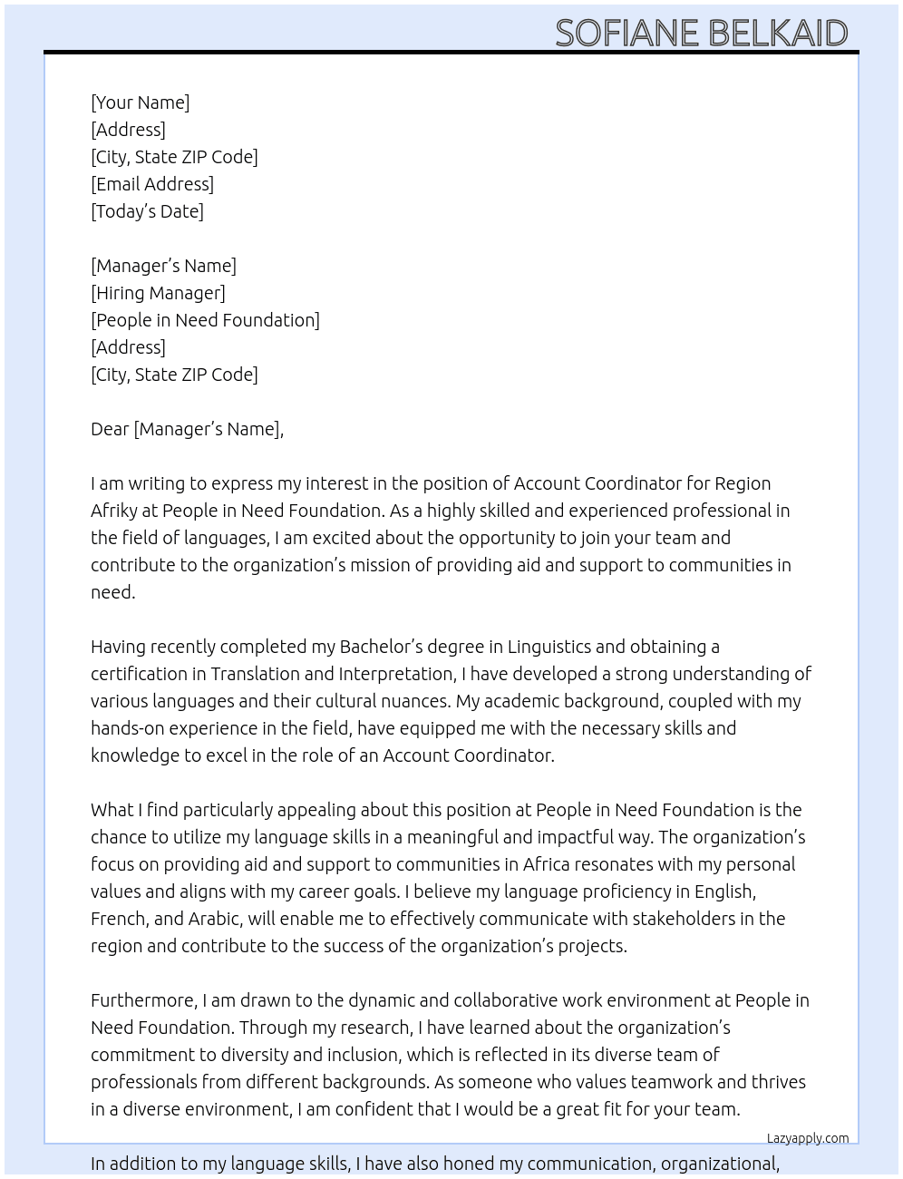 Account Coordinator for Region Afriky At People in need foundation  Cover Letter