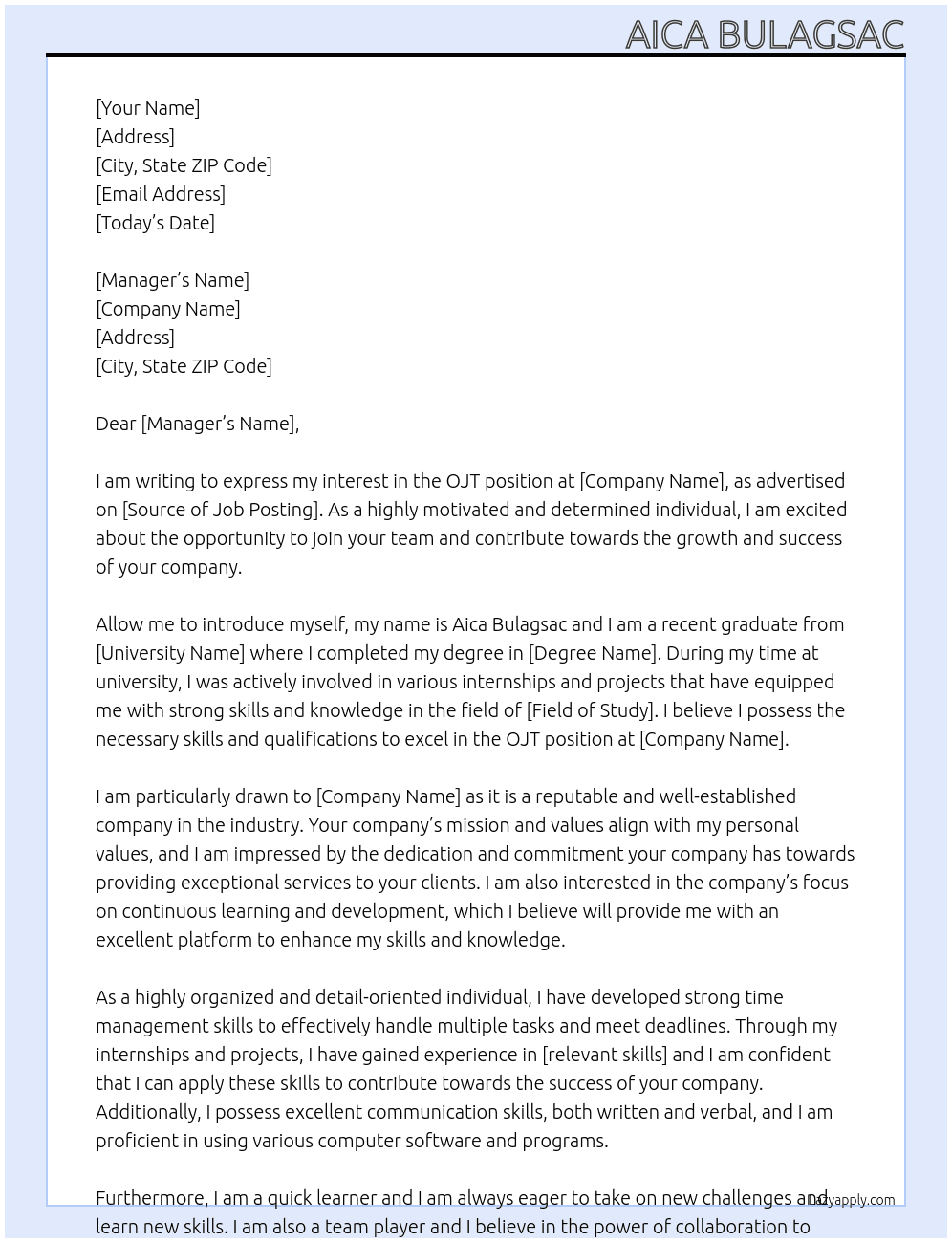 OJT At NOT YET Cover Letter