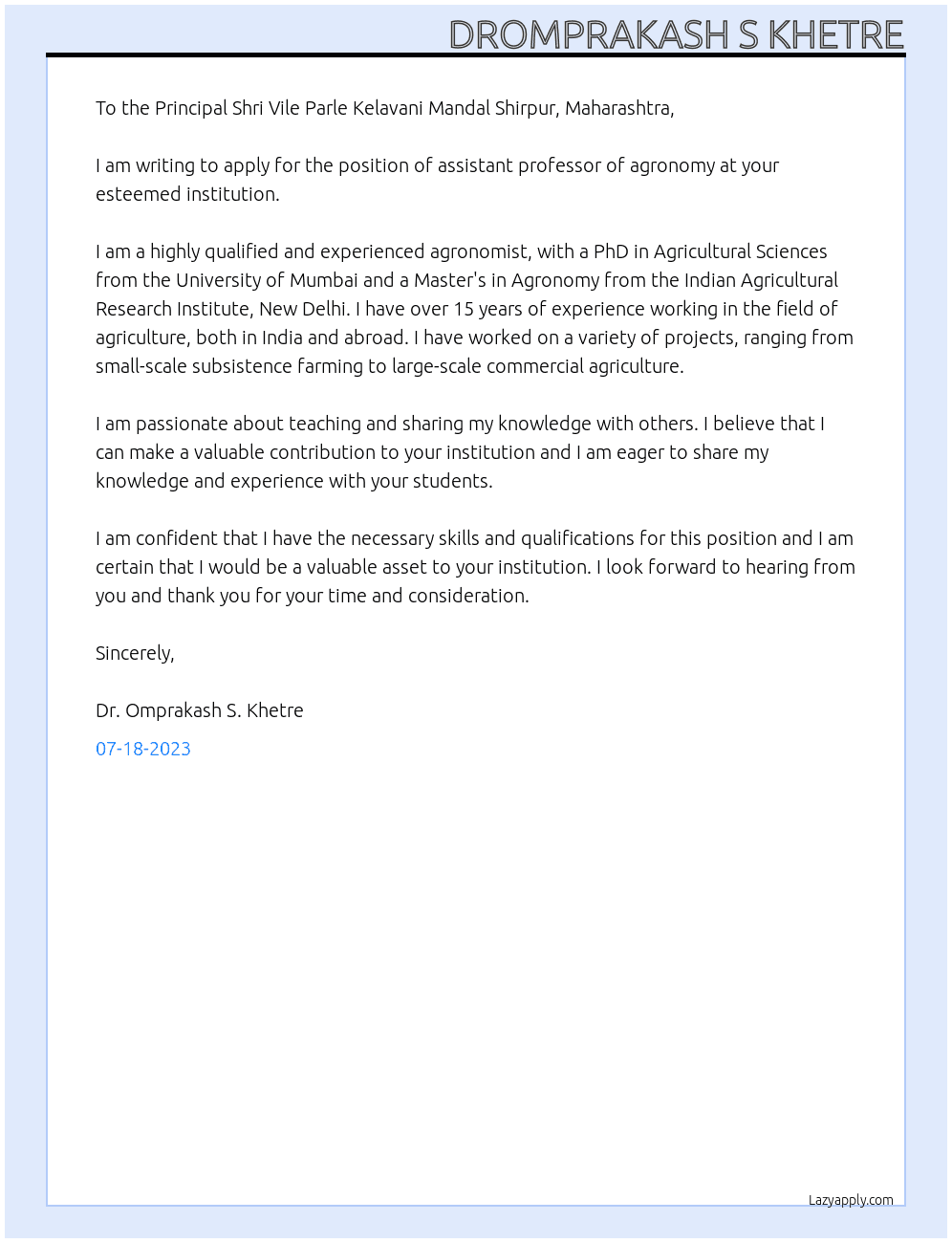 Assitant Professor Agronomy At Shri Vile Parle Kelavani Mandal Shirpur, Maharashtra Cover Letter