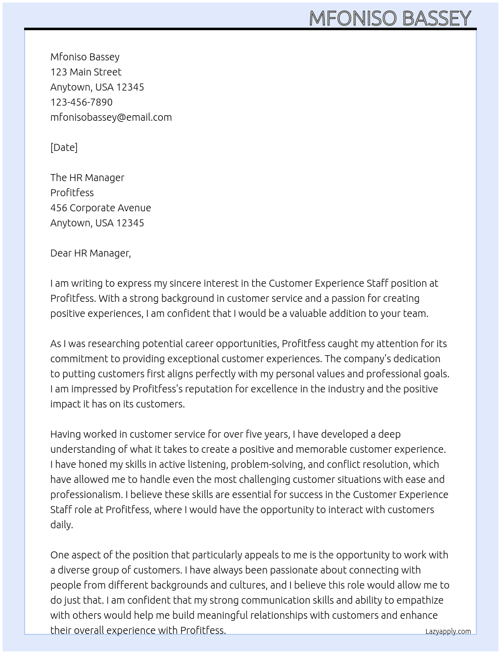 Customer experience staff At Profitfess Cover Letter