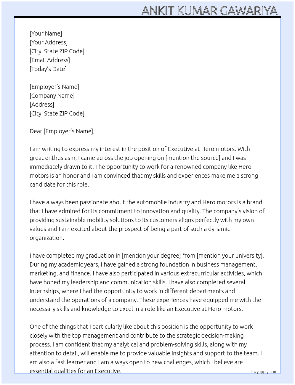 executive  At Hero motors  Cover Letter