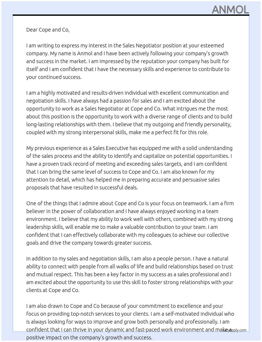 Sales negotiator  At Cope and Co Cover Letter