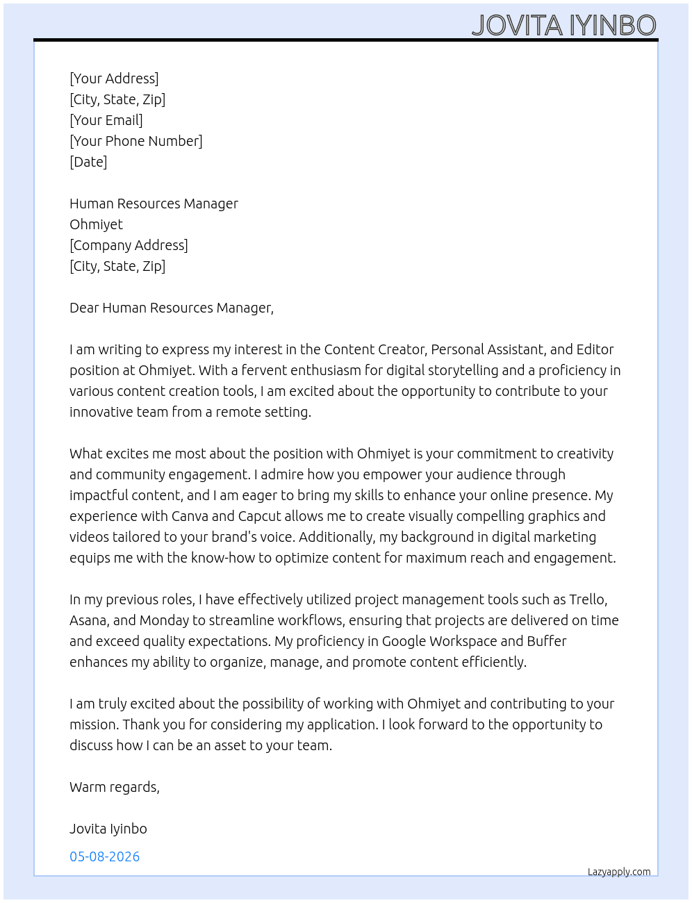Cover letter for content creator personal assistant and editor - LazyApply