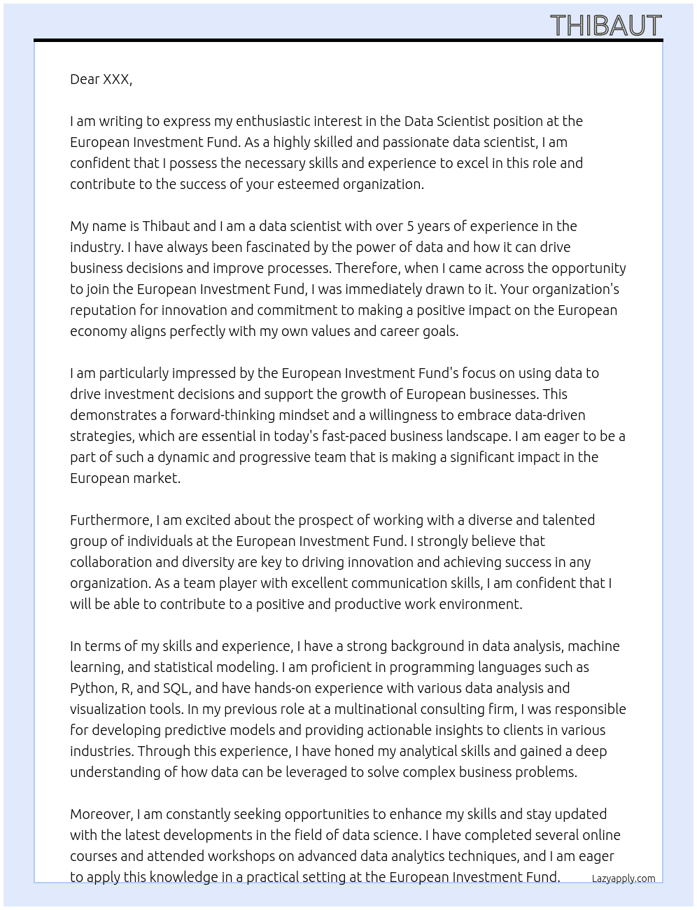 data scientist At European investment fund Cover Letter