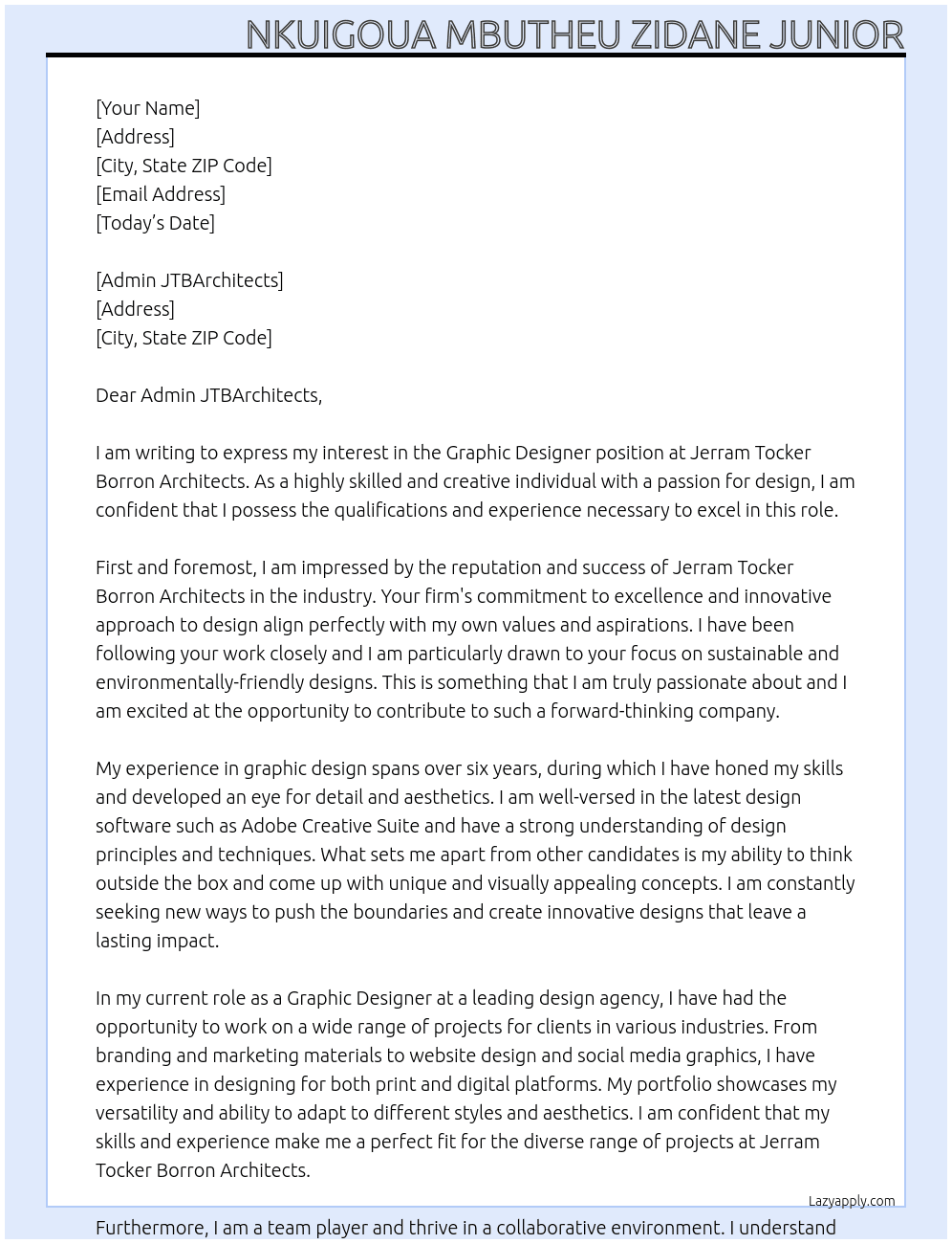Graphic Designer At Jerram Tocker Borron Achitects Cover Letter