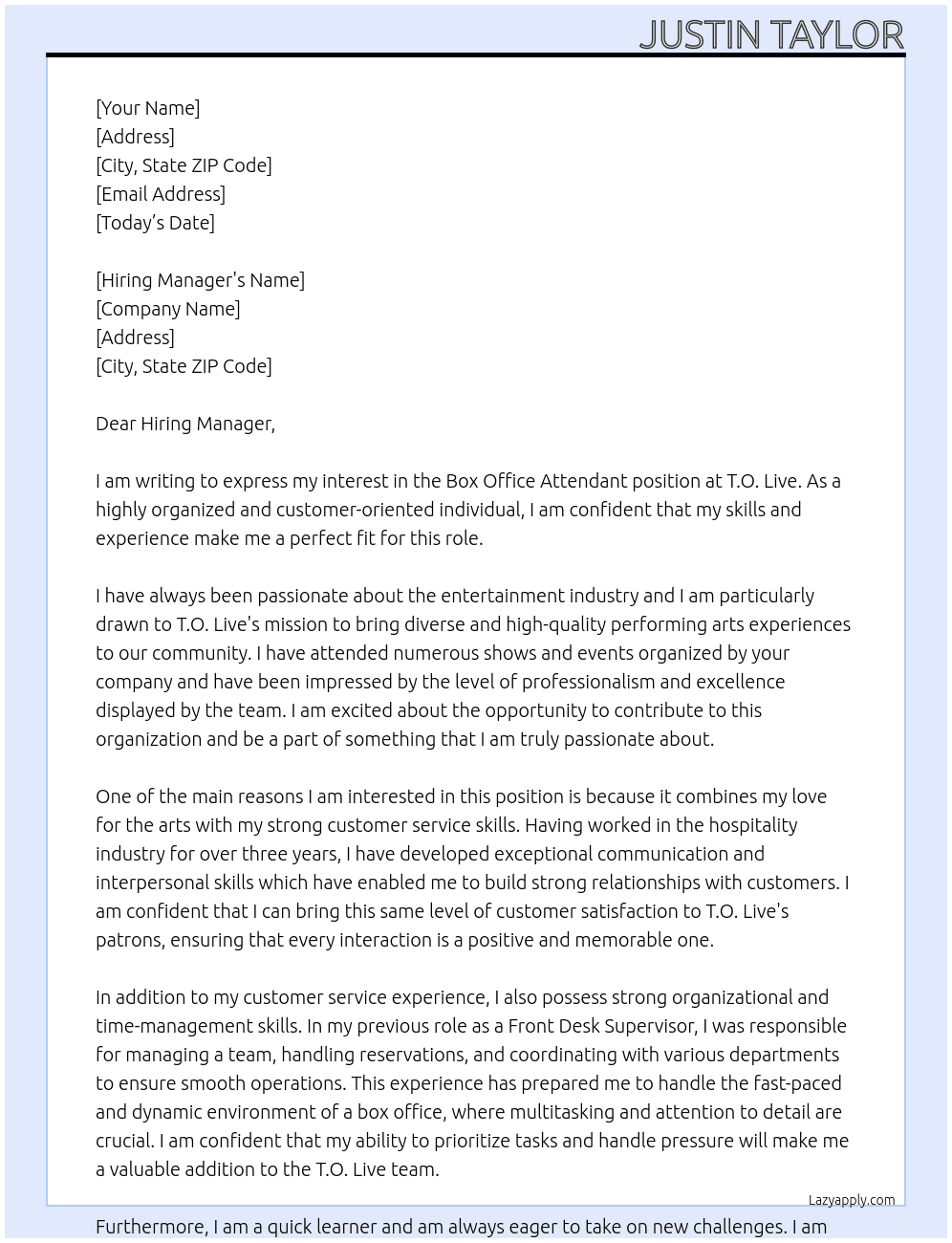 Box Office Attendant At T.O. Live Cover Letter