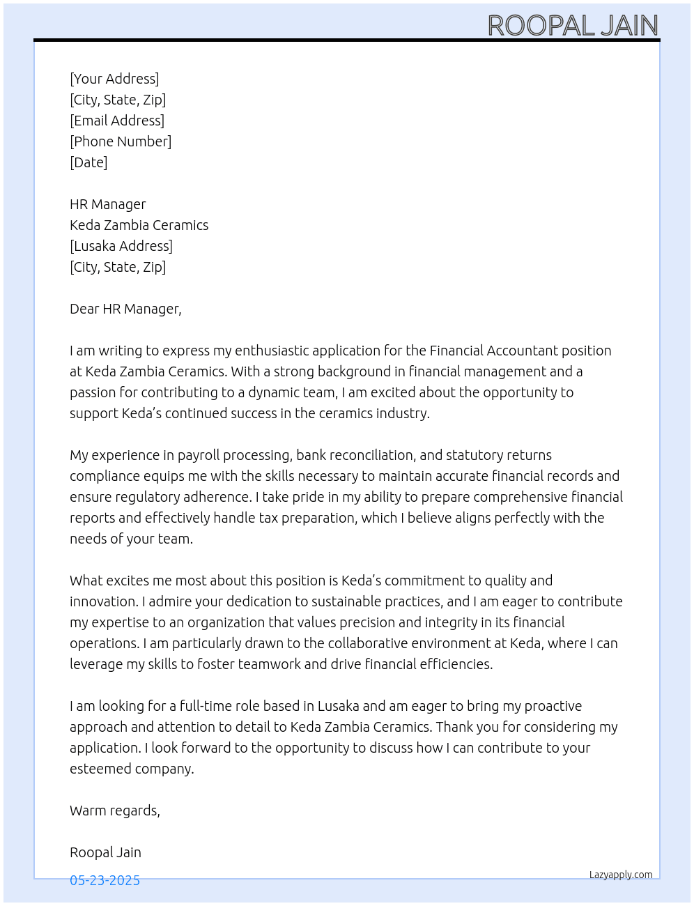 Financial Accountant At Keda Zambia Ceramics Cover Letter