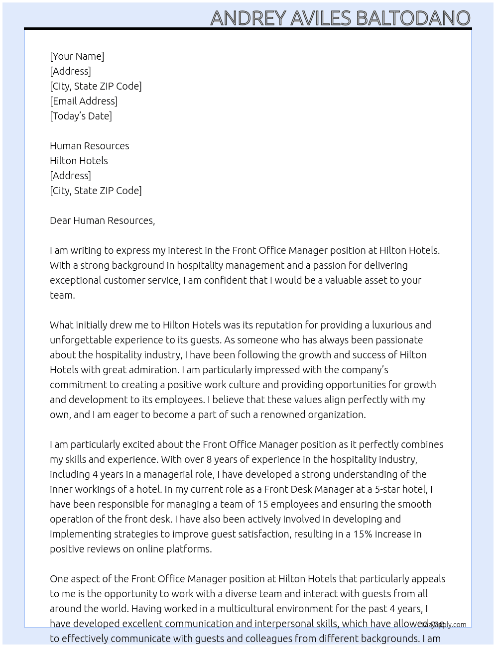 Front Office Manager At Hilton Hotels Cover Letter