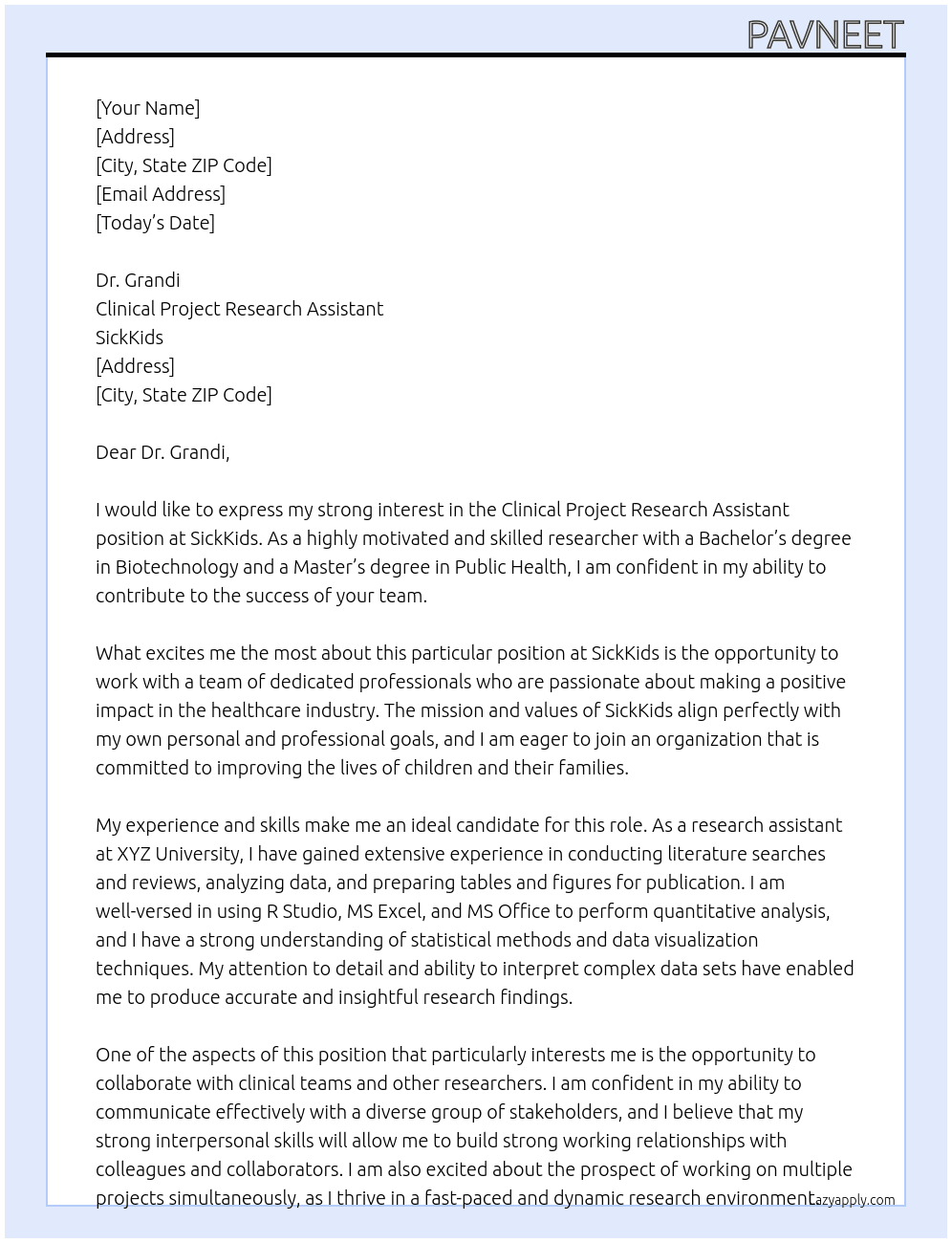 Clinical Project Research Assistant At SickKids Cover Letter