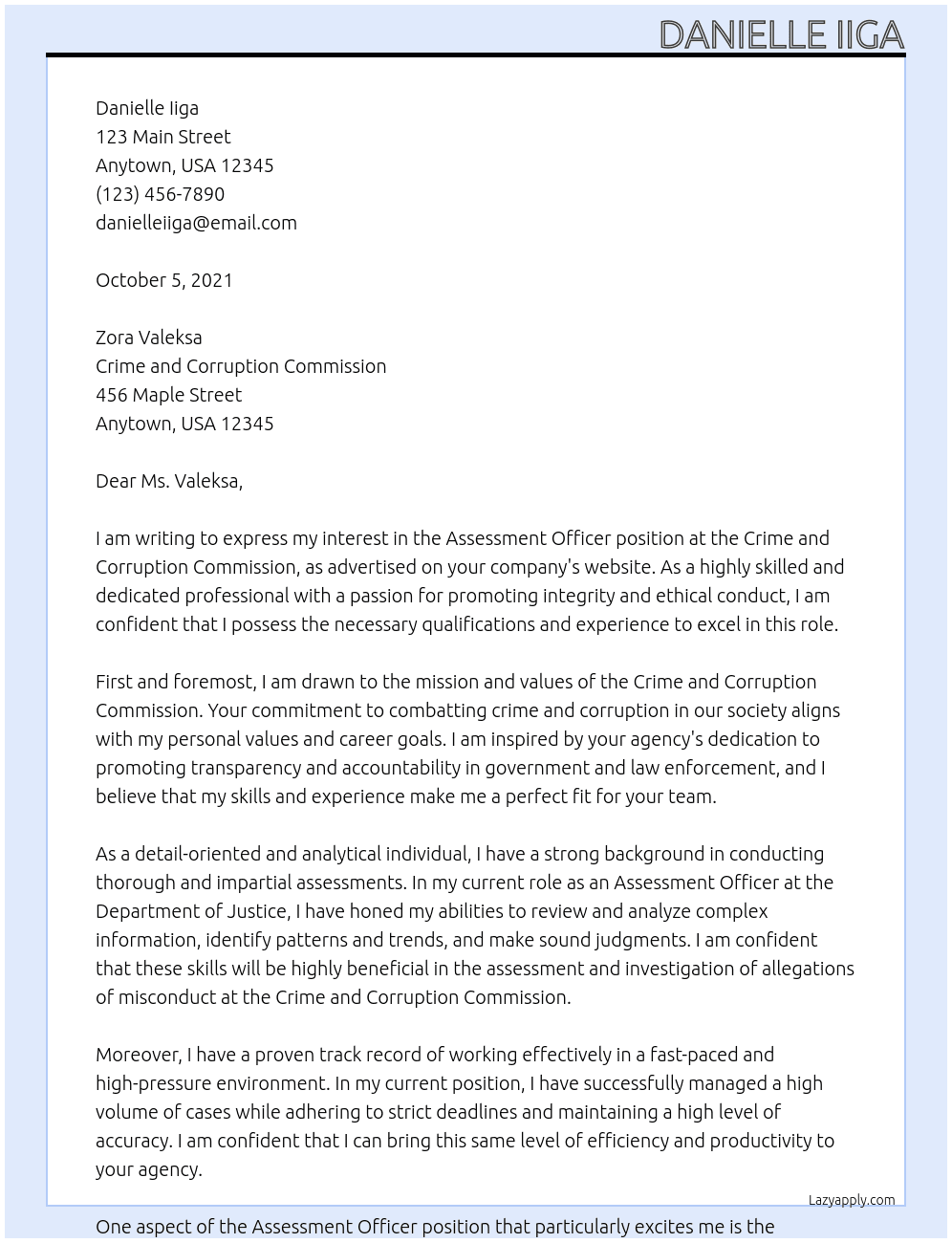 Assessment Officer At Crime and Corruption Commission Cover Letter
