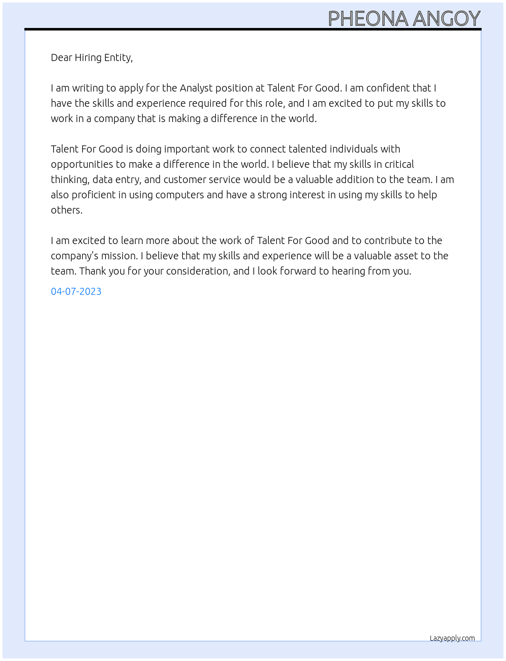 Analyst At Talent For Good Cover Letter
