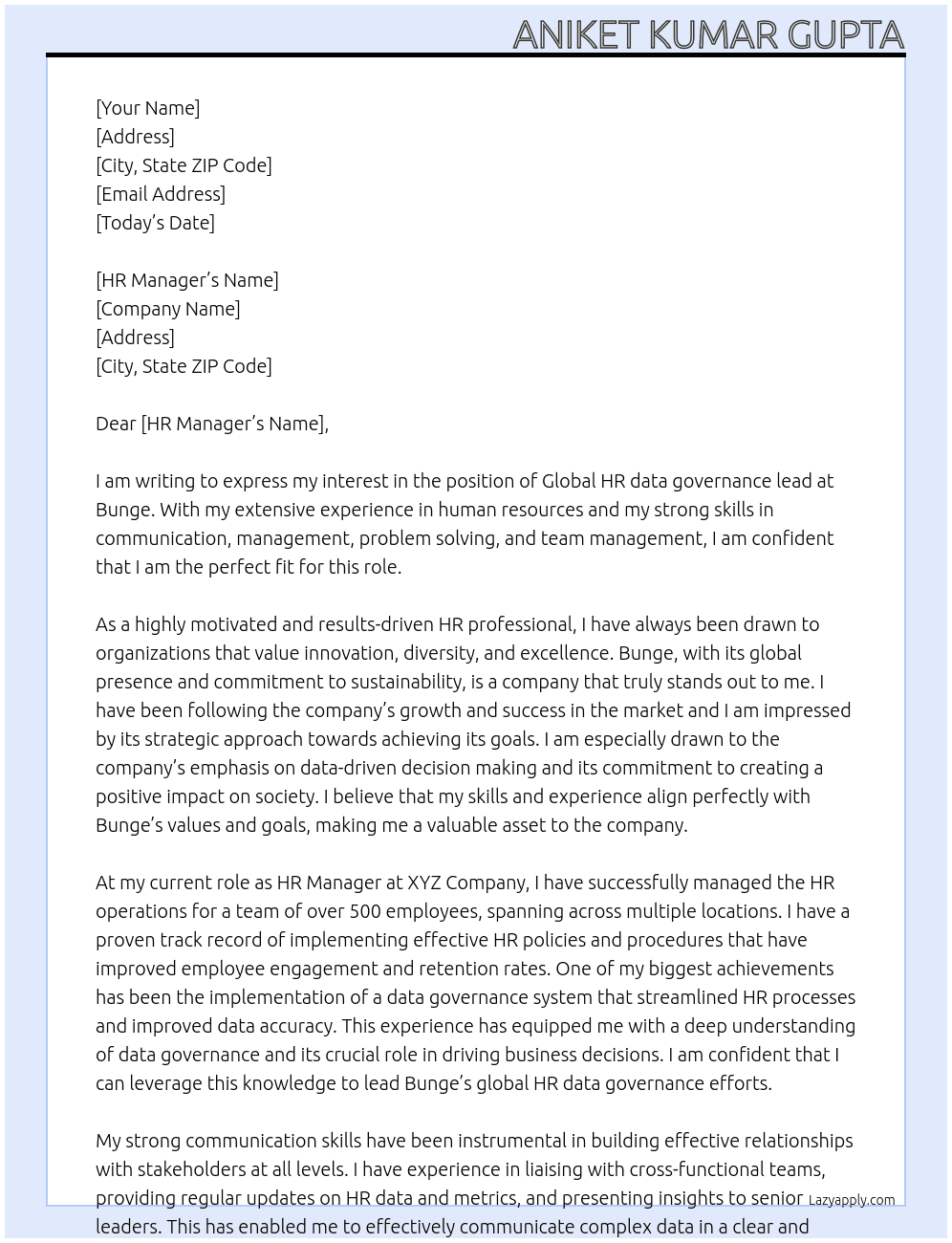 Global HR data governance lead At Bunge Cover Letter