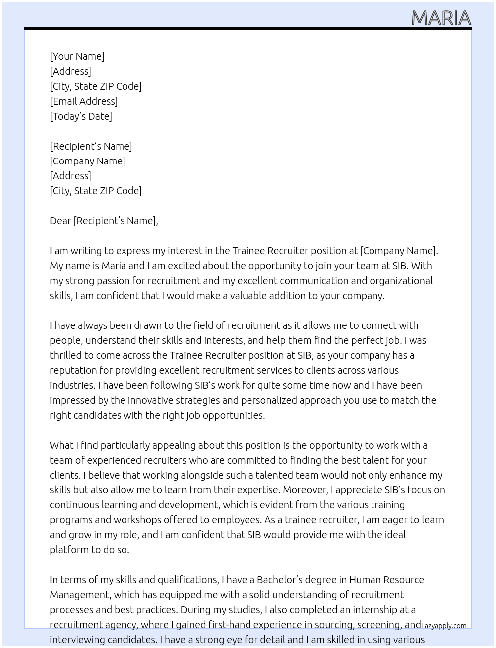 trainee recruiter  At SIB Cover Letter