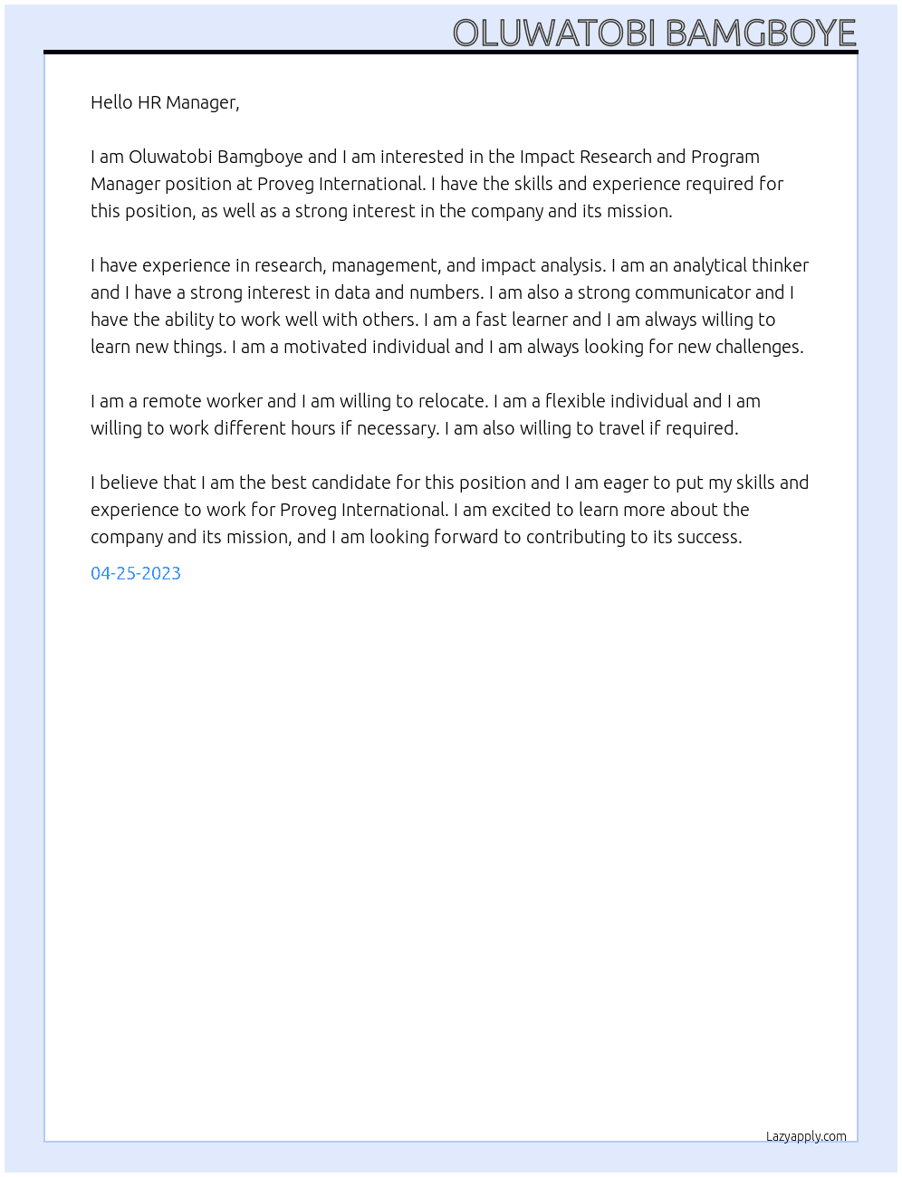 Impact Research and Program Manager At Proveg International Cover Letter
