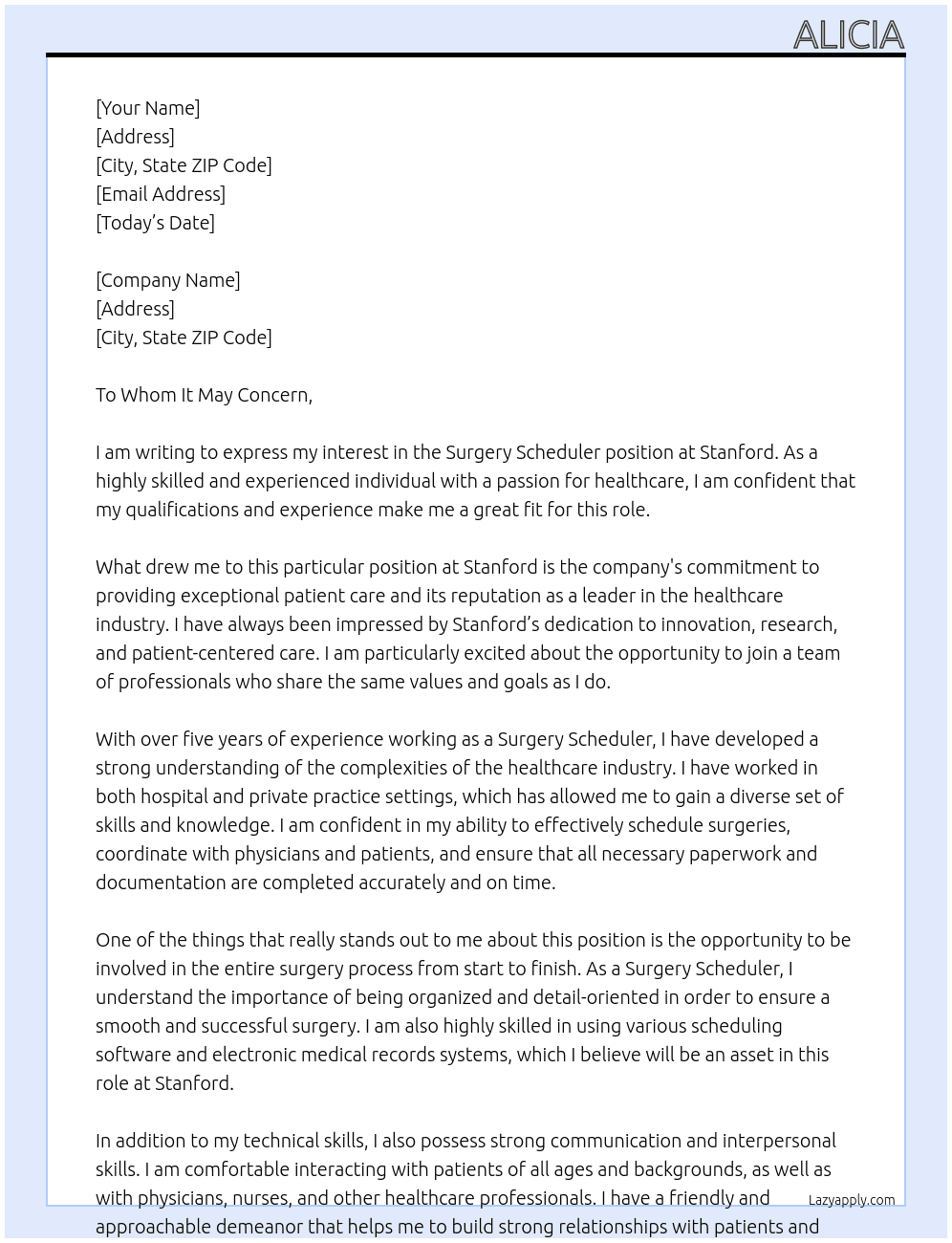 Surgery scheduler At Stanford Cover Letter